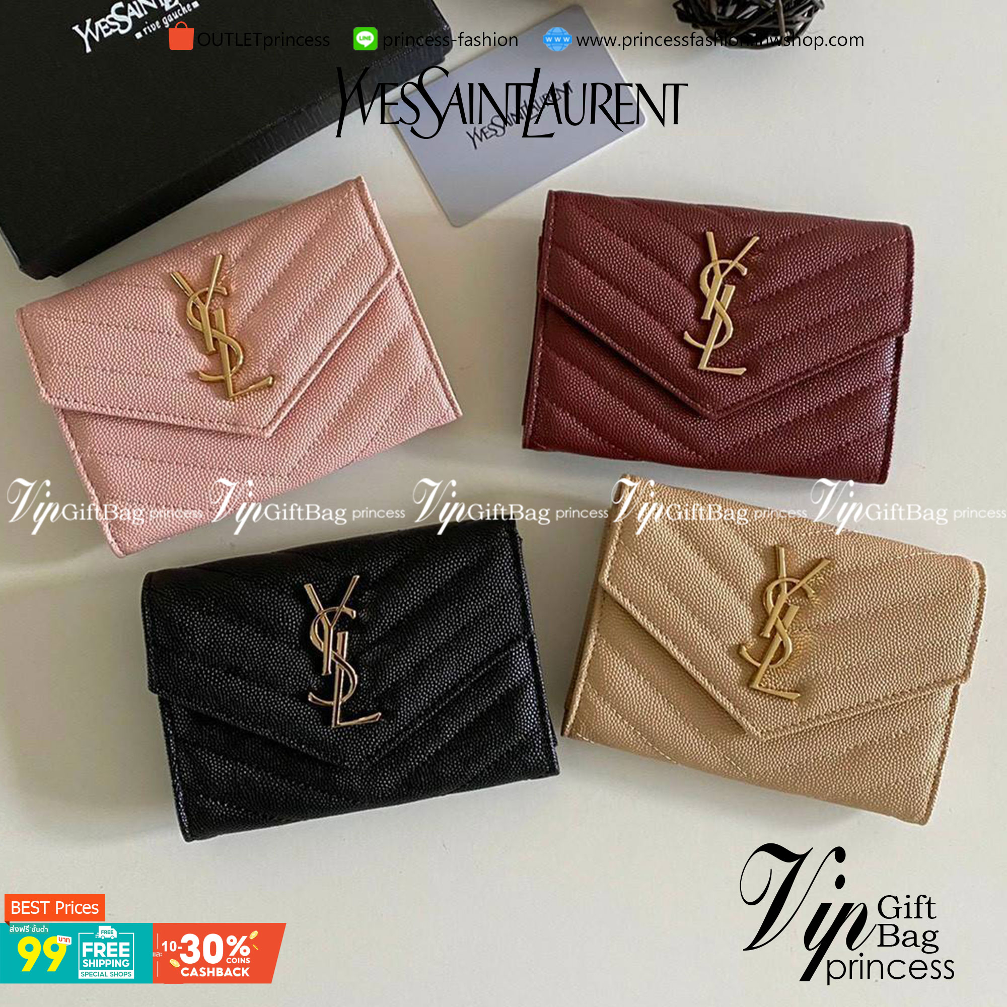หนังแท้ 12cm YSL SAINT LAURENT GARD HOLDER Small Envelope Monogram Wallet