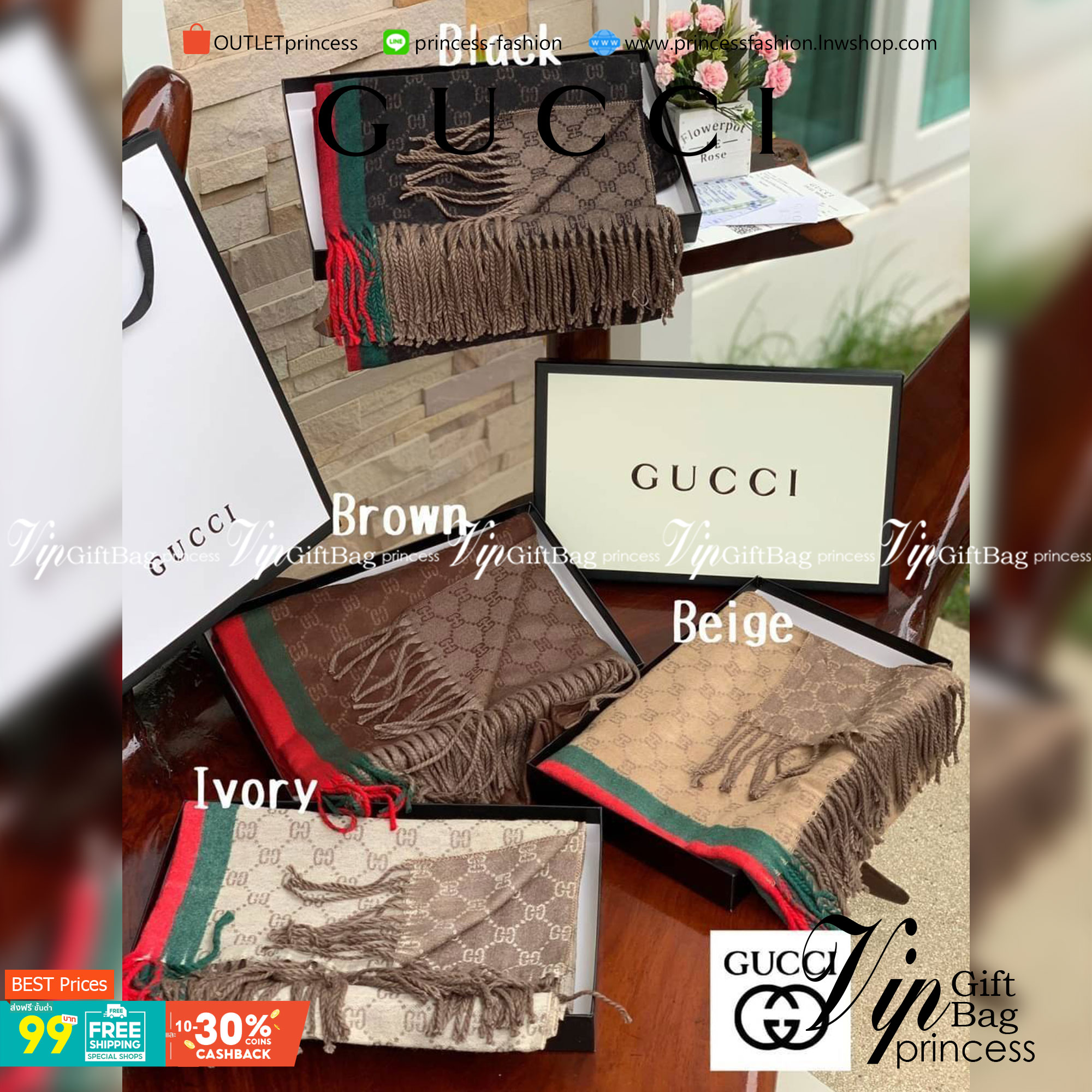 Gucci Classic Print Scarf แบรนด์ดังจากประเทศอิตาลี ด้วยงานพรีเมี่ยมกิ้ฟ ส่งมอบความรู้สึกดีๆให้กับคนที่คุณรัก ในรูปแบบผ้าพันคอและผ้าคลุมไหล่ผืนใหญ่สีสันไม่ฉูดฉาด เหมาะกับชุดที่เป็นทางการหรือลำลองก็ได้ เป็นผ้าที่ให้ความอบอุ่น ถักทอด้วยผ้าcashmere ผ้าเนื้อดี
