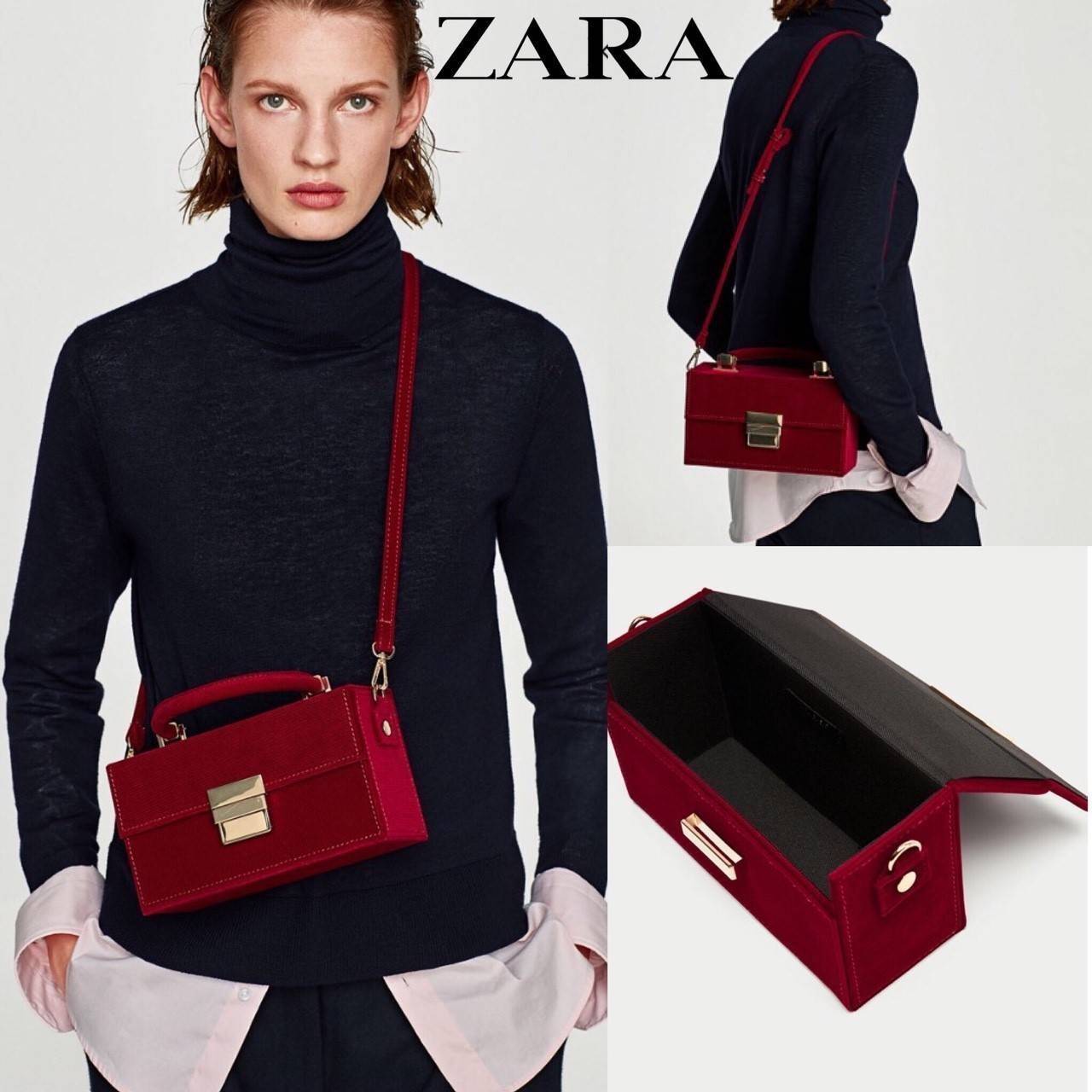 Zara rigid corduroy minaudière 2017 กระเป๋าทรงกล่องมาด้วย top ผ้าลูกฟูกเท่ๆ อะไหล่สีทอง ด้านหน้าตัวล็อค แบบสวมปุ่มล็อค หูพับลงได้ สายสะพายถอดและปรับระดับได้ ด้านในช่องโล่ง สามารถใส่ กระเป๋าเงิน มือถือจุกจิกได้พอสมควร น้ำหนักเบามาก ดีไซน์ไม่เหมือนใครตามสไต
