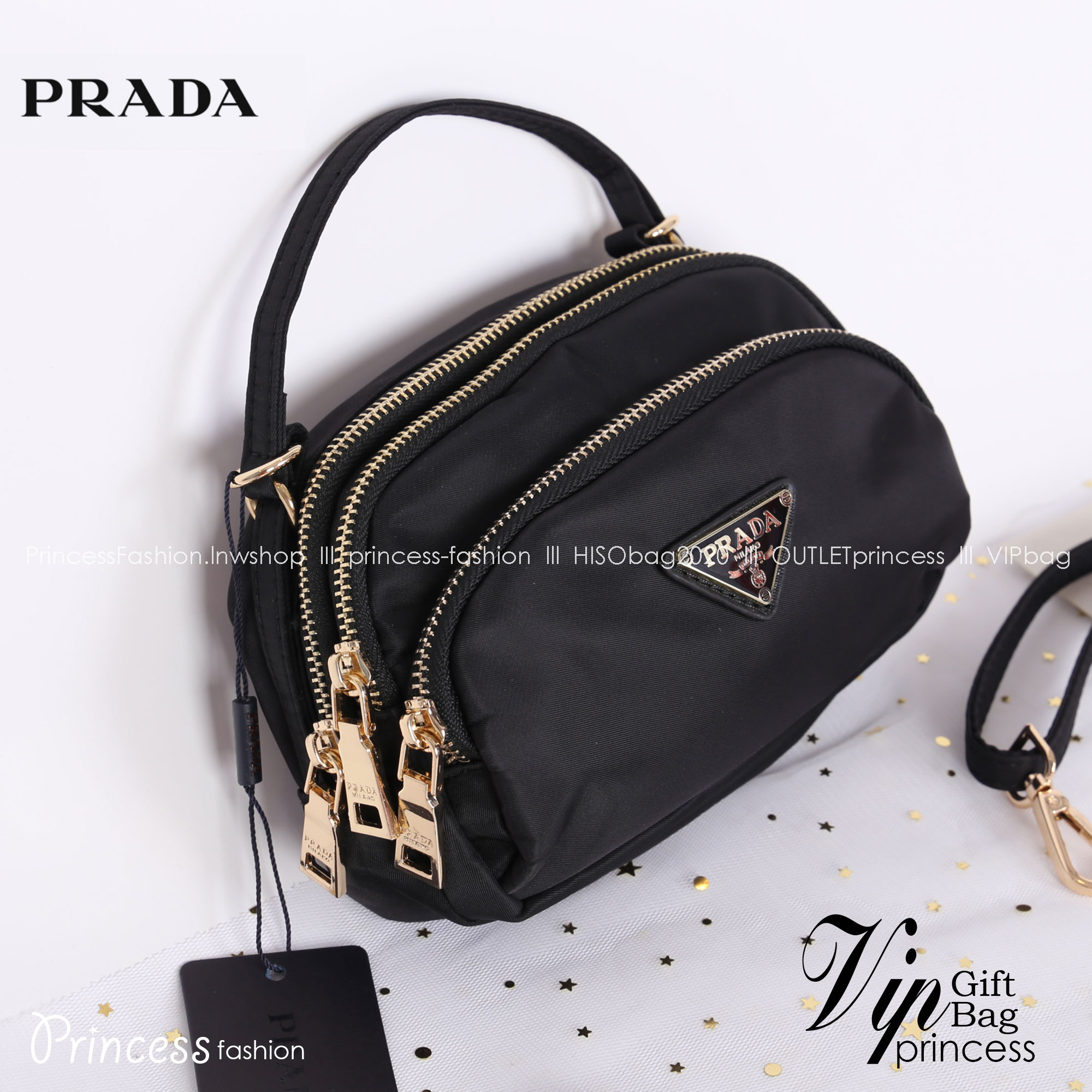 PRADA MINI 3 ZIPPER NYLON HANDBAG & SHOULDER BAG กระเป๋าถือหรือสะพายทรง dome size mini วัสดุ nylon มีหูหิ้วจับถนัดมือ