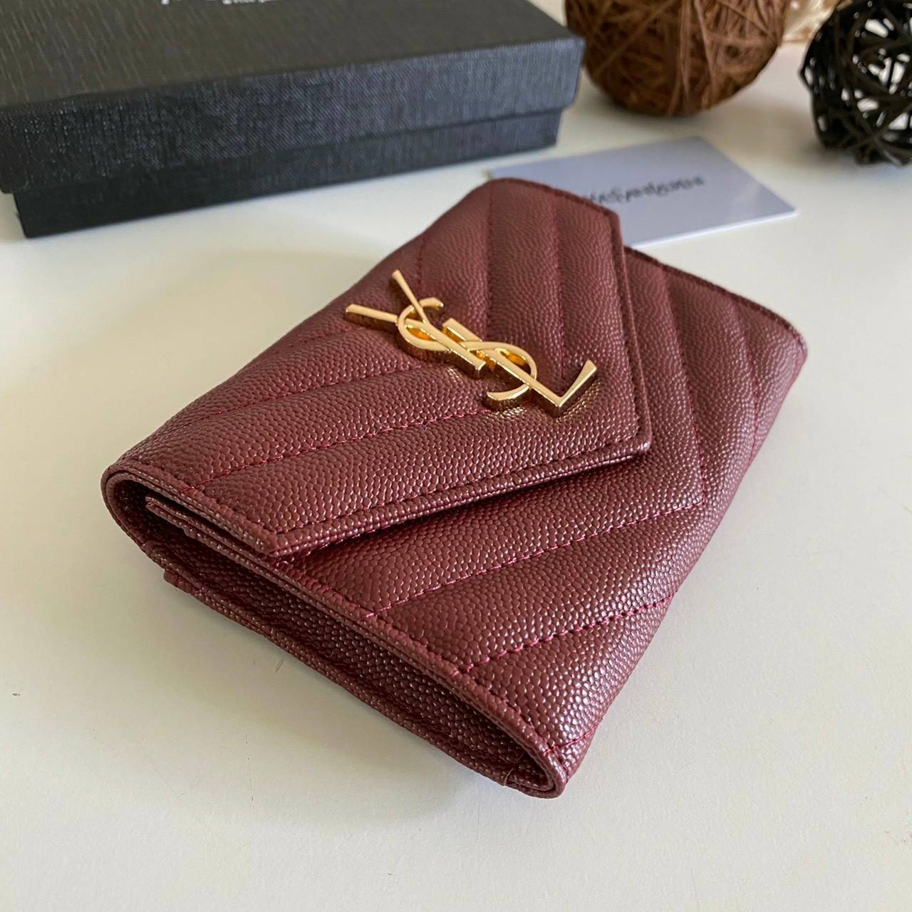 หนังแท้ 12cm YSL SAINT LAURENT GARD HOLDER Small Envelope Monogram Wallet