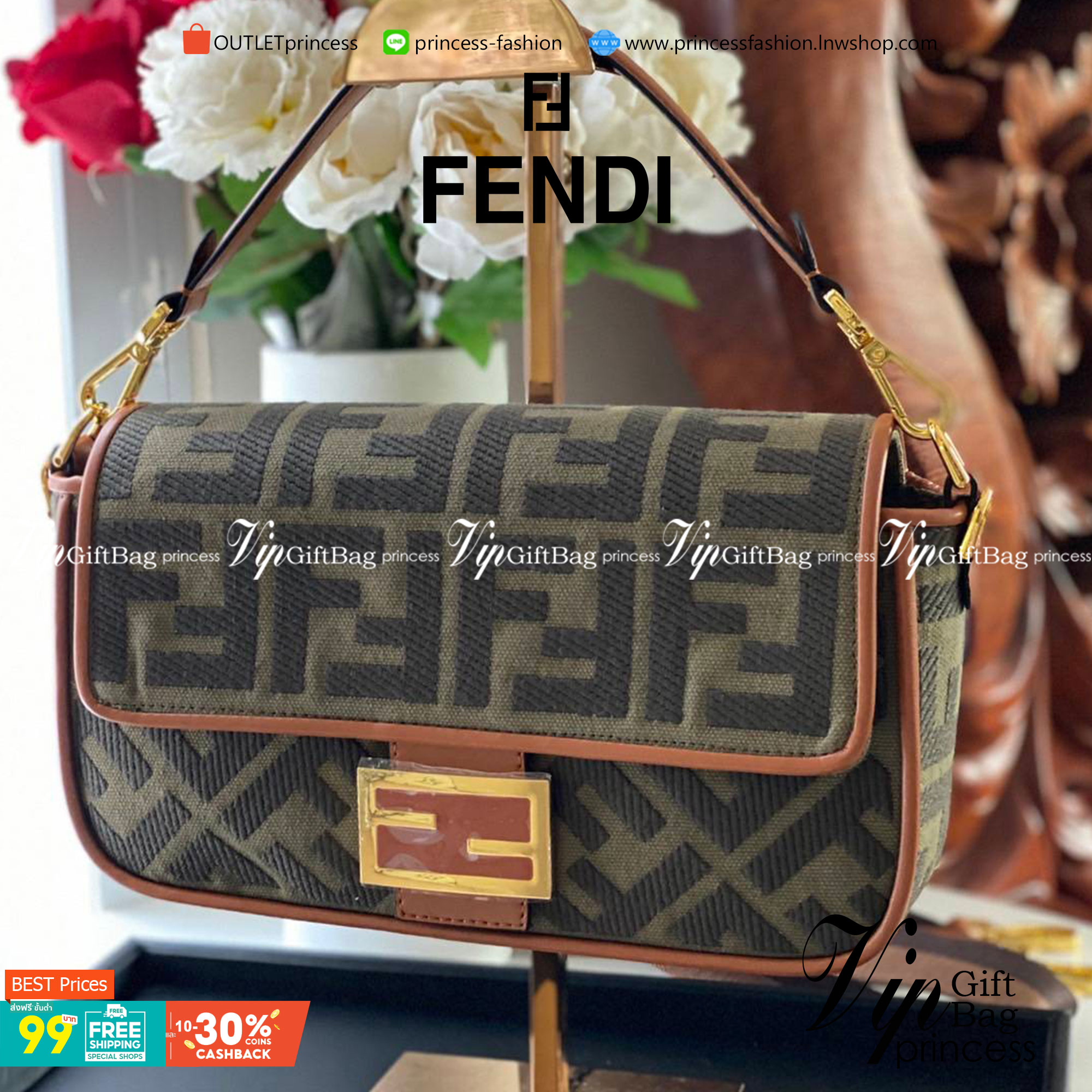 FENDI BAGUETTE BAG roma Lamb skin กระเป๋าสะพายสวยหรู โดดเด่น ดีไซน์ปั๊มโลโก้รอบใบ วัสดุหนังแท้ สลับผ้าแคนวาส มาพร้อมสาย 2 แบบ สำหรับคล้องแขน และสายครอสบอดี้สีทูโทน ภายในเป็นช่องโล่ง ใส่โทรศัพท์ กระเป๋าสตางค์ใบยาวได้สบายๆ ครบเซ็ทพร้อมเสิร์ฟความสวยให้ถึงบ้า