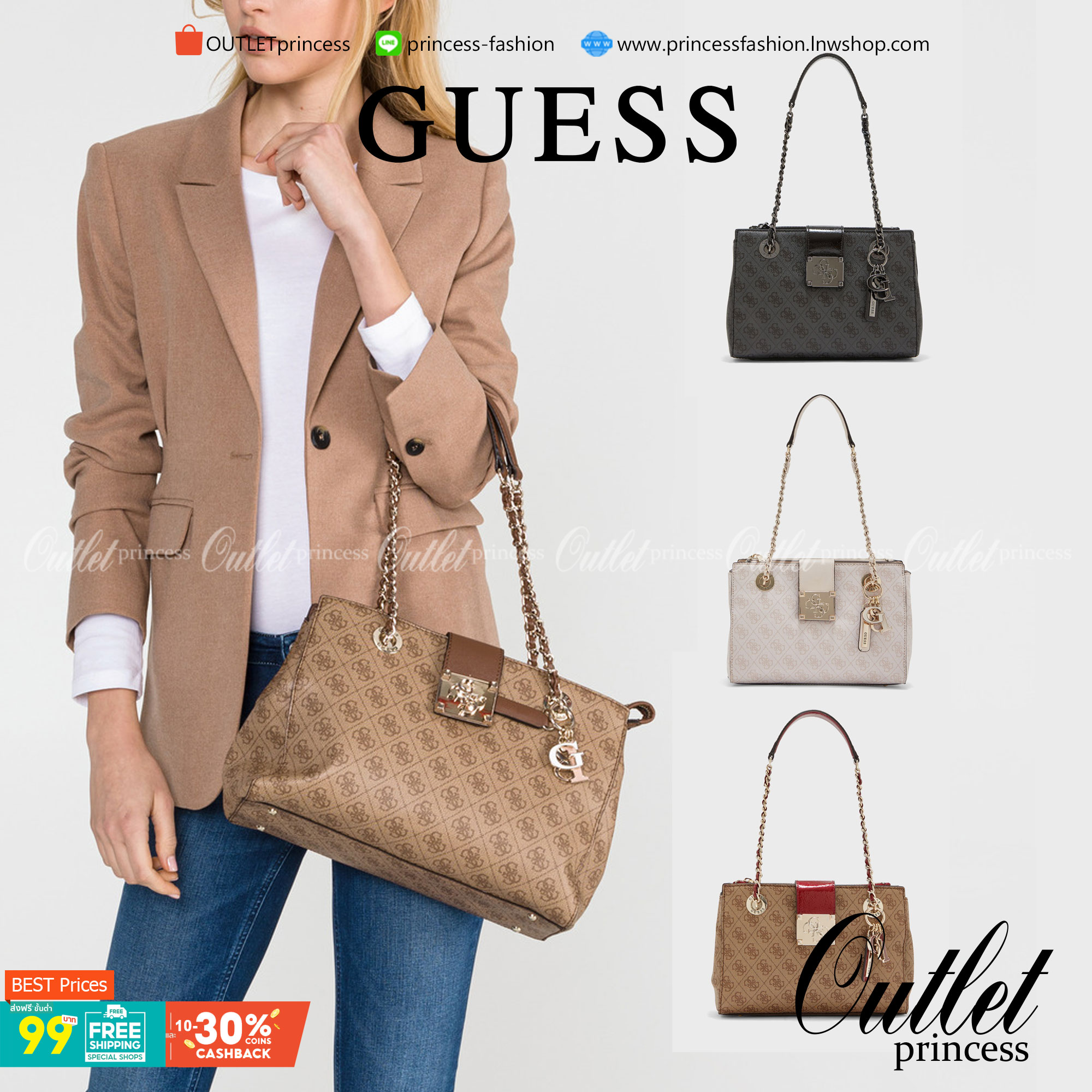 กระเป๋าสะพายไหล่ Guess Logo City Small Society Satchel กระเป๋าสะพายไหล่ ขนาดกำลังดี วัสดุ pu สวยอยู่ทรง มาพร้อมพวงกุญแจน่ารักๆ ถอดออกได้ ด้านหน้าประดับโลโก้แบรนด์ เปิดปิดด้วยซิป มี 2 ช่องหลักใช้งาน ภายในช่องซิปหน้าแยกเป็นสัดส่วนการใช้งาน ซิปช่อง 2 โล่งกว้