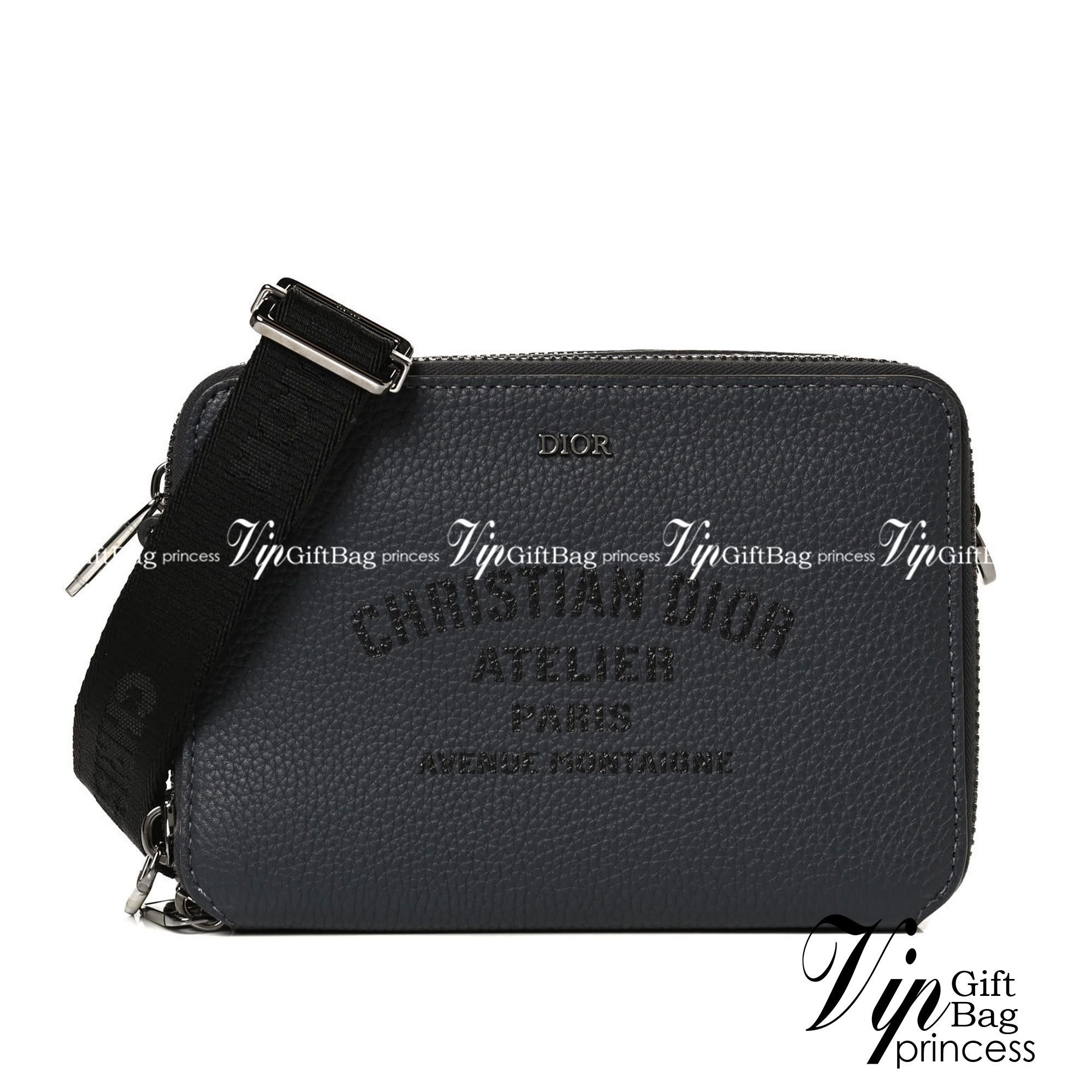 DIOR Grained Calfskin Double Zip Crossbody Pouch / DIOR WITH ATELIER SIGNATURE DARK GRAY GRAINED CALFSKIN POUCH WITH SHOULDER STRAP BAG เกรดเทพออริจินอล หนังแท้ ภาพถ่ายจากสินค้าจริง ใช้งานต่างประเทศได้