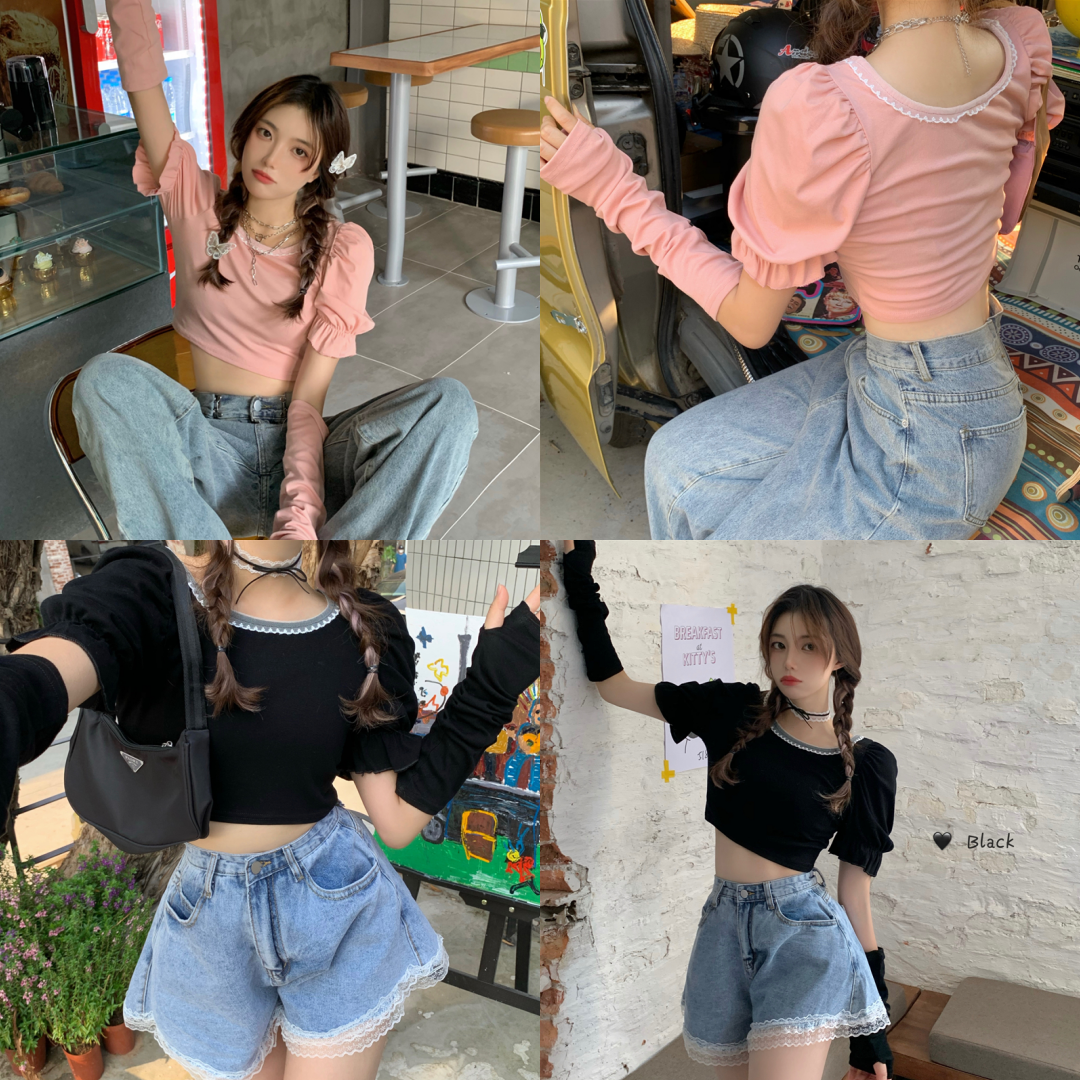 พร้อมส่ง 2 สี 🍞 Pompom tops เสื้อแขนสั้นคอกลมพร้อมปลอกแขน (IN36879)
