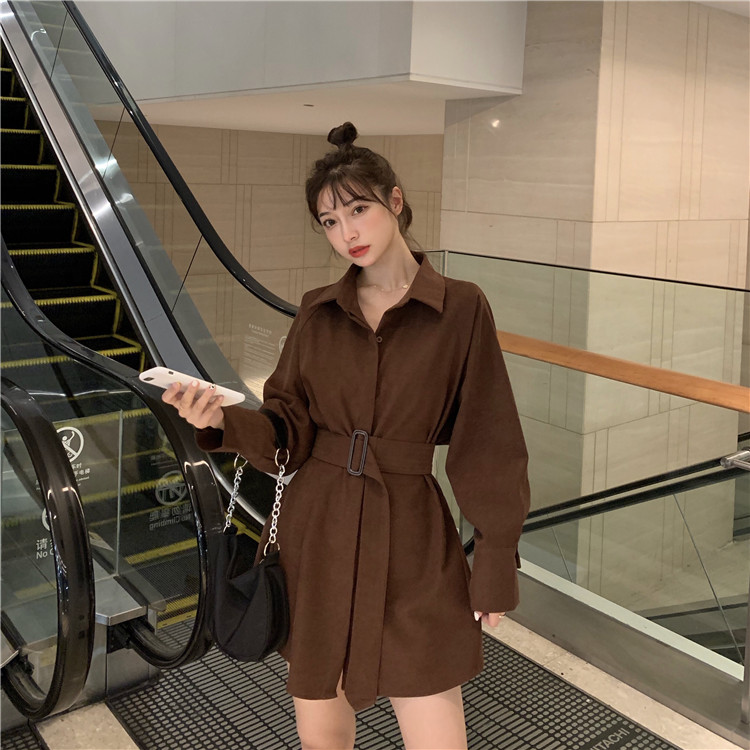 พร้อมส่ง 🌷 Coffee shirt dress เดรสคอปกแขนยาวทรงเชิ๊ตสีน้ำตาล (IN31340)