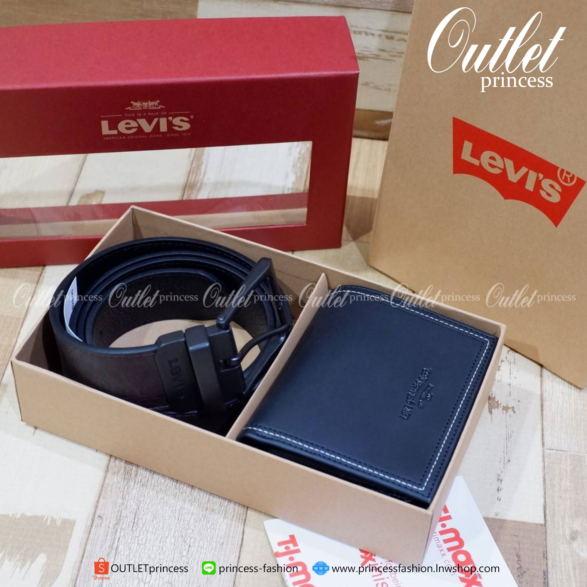 ของแท้ 100% set กระเป๋าสตางค์+เข็มขัด Levi's พร้อมกล่องกระดาษแบรนด์+ถุงกระดาษแบรนด์+หมุดเจาะรูเข็มขัด