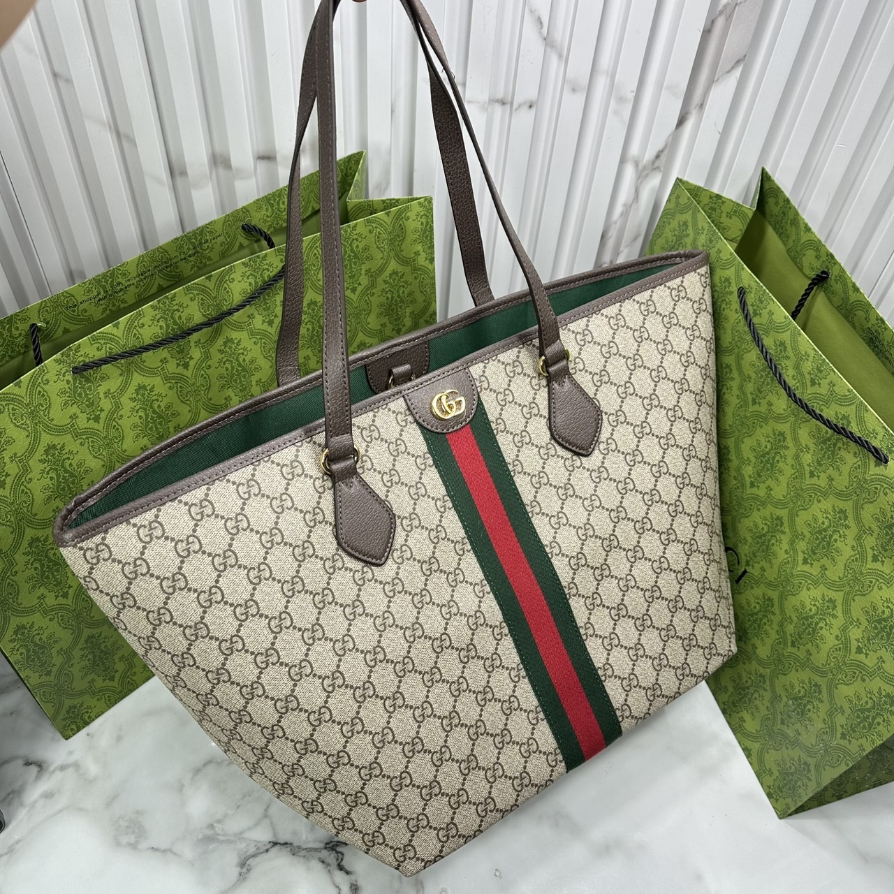 ORI หนังแท้ | Gucci Ophidia medium tote bag GG Monogram Double G / Gucci Tote Bag กระเป๋าสะพายทรงโท้ทใบใหญ่ ภายในโล่งกว้างจุของได้เยอะ