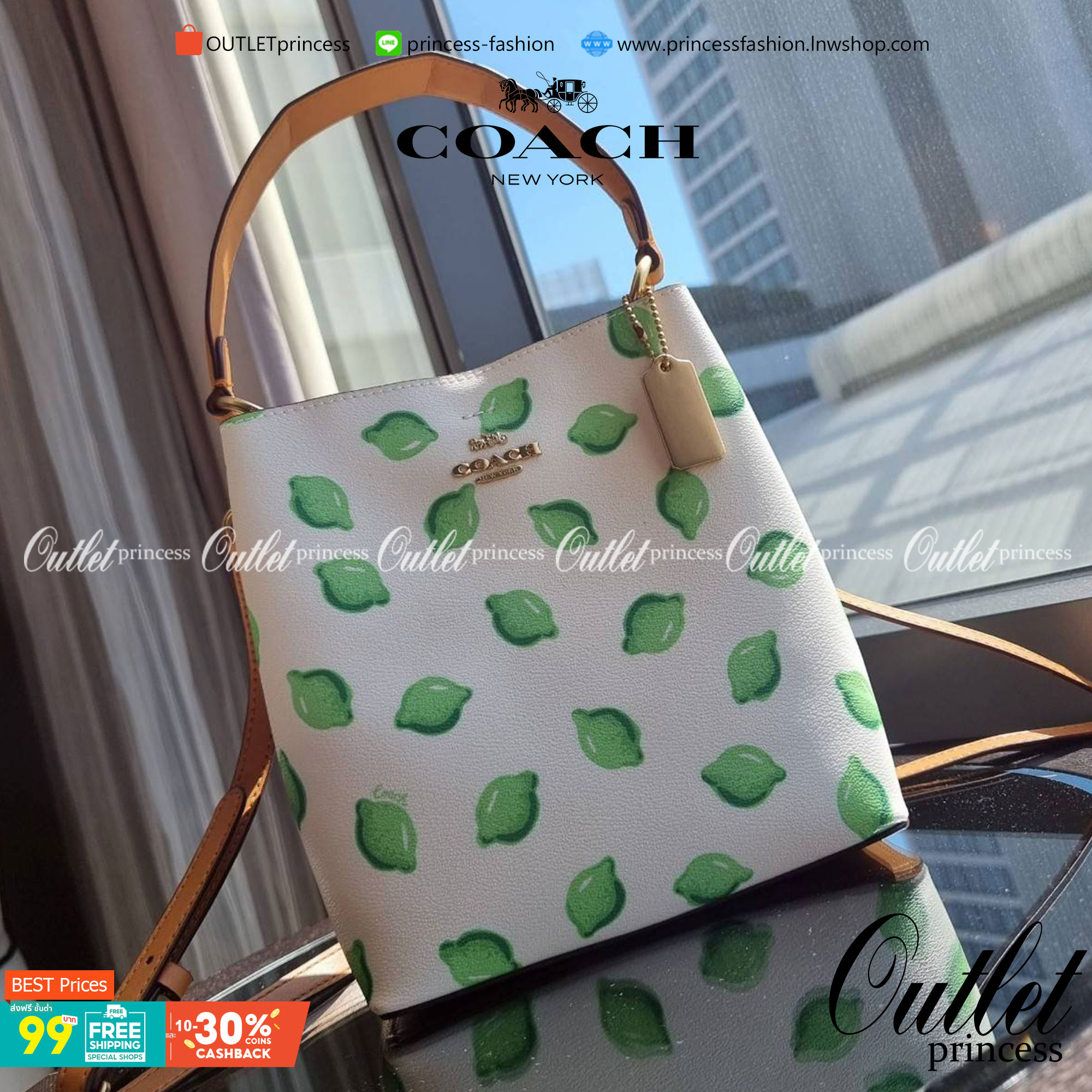 OUTTLET 】COACH 1625 SMALL TOWN BUCKET BAG WITH LIME PRINT ต้อนรับปีใหม่ด้วยความสดใส กับรุ่นยอดนิยม กระเป๋าทรงบัคเก็ตไซส์เล็ก ดีไซน์ลวดลายจี๊ดจ๊าด น่าใช้จริงจัง วัสดุหนังแคนวาสเคลือบลาย สวยคมแซ่บมากๆ เปิด-ปิดด้วยกระดุมแม่เหล็กทั้ง 2 ฝั่ง ภายในเป็นช่องโล่ง 