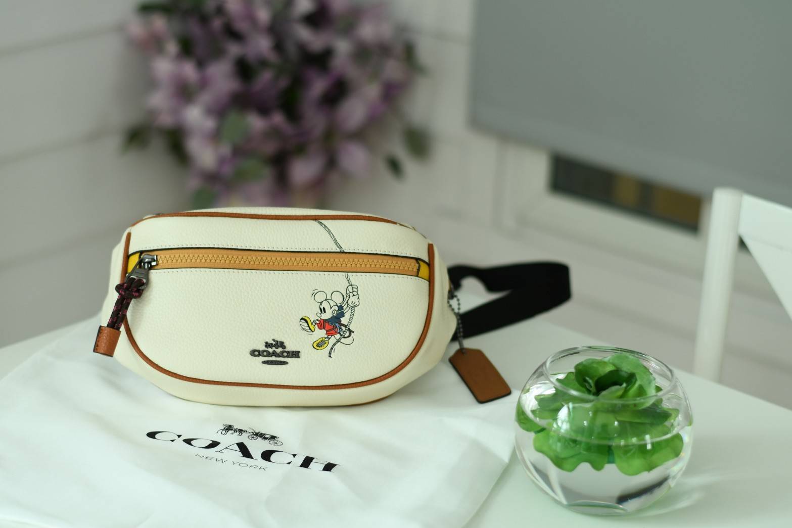 ของแท้ 💯% Coach Micky Mouse Disney Chest Bag 3747 collection Japan Limited Edition Women’s Full Leather กระเป๋าสะพายคาดอก/เอว ขนาดพอเหมาะ ใส่มือถือ iphone+ เปิดปิดด้วยซิป ด้านหน้ามี Logo mickey mouse