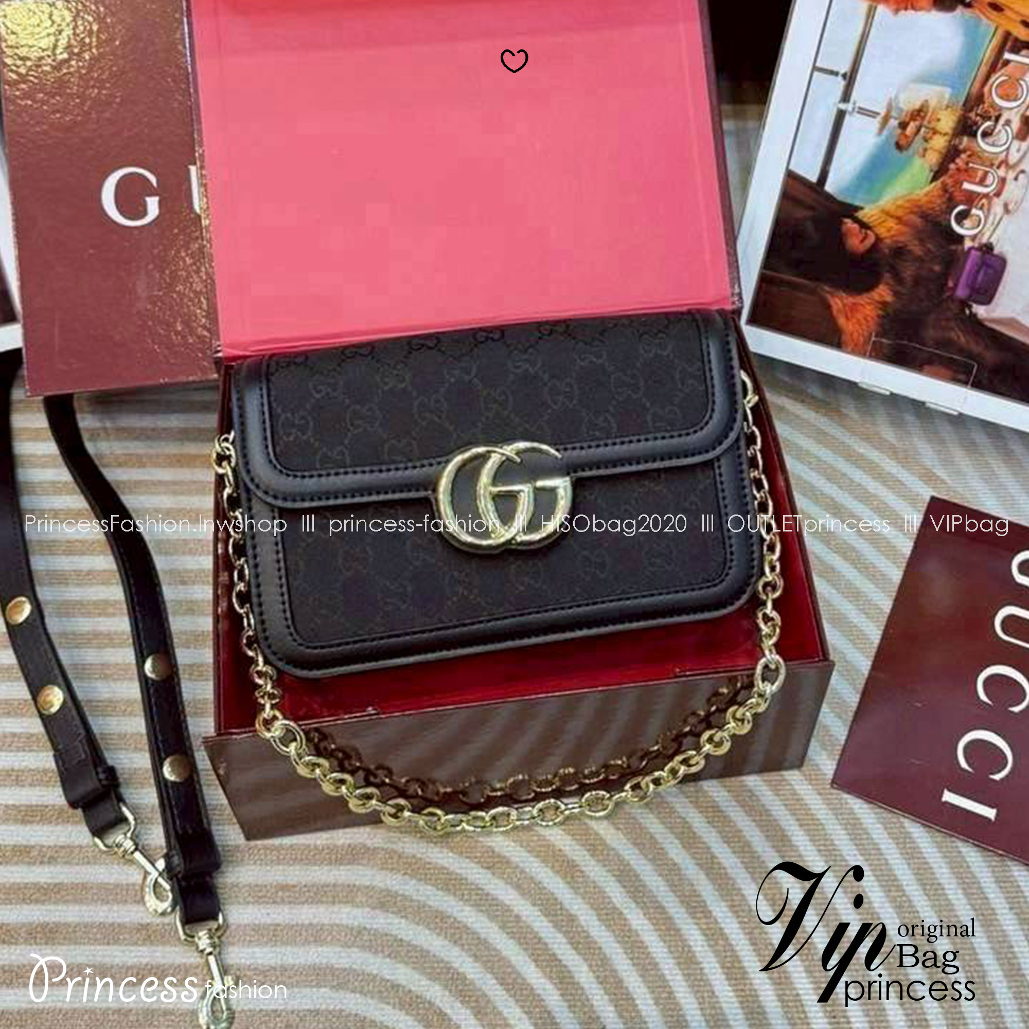 GUCCI Go small shoulder bag กระเป๋าสะพายไหล่ใหม่ล่าสุด พร้อมสาย 2 เส้น สายโซ่และสายหนังถอดได้ ทรงคลาสสิคสวยผู้ดี ตัวกระเป๋าเป็นงานผ้าทอลายโลโก้