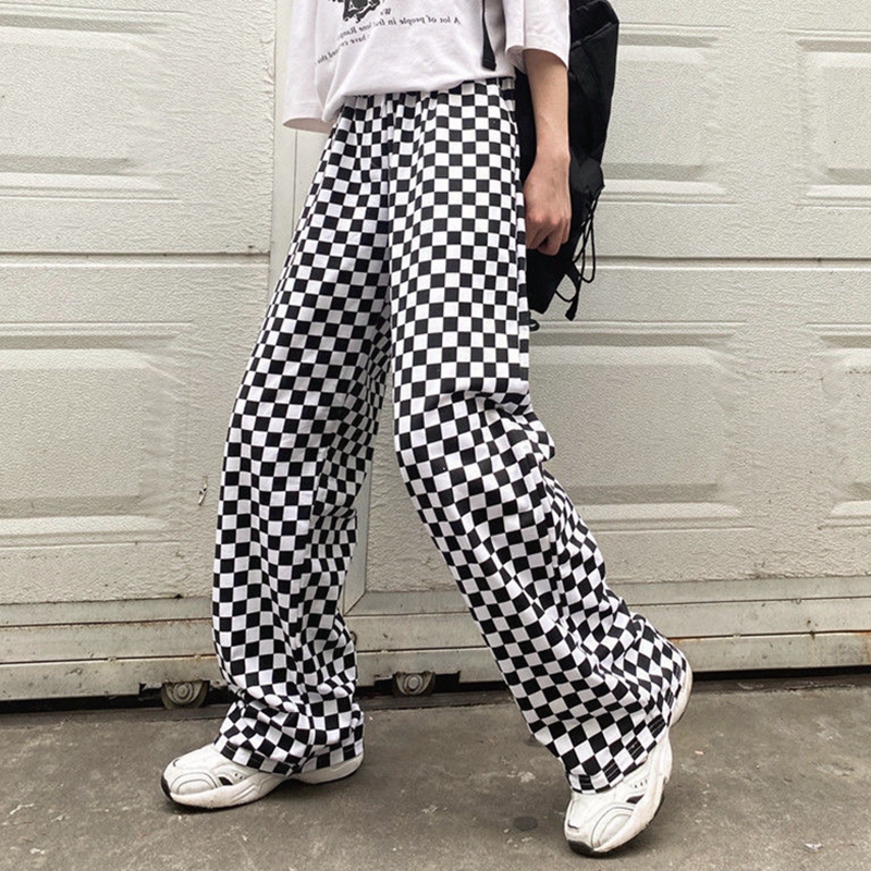 พร้อมส่ง 🎈🎪 Black and white pants กางเกงขายาวลายตารางทรงกระบอก ผ้าเงา (IN35673)