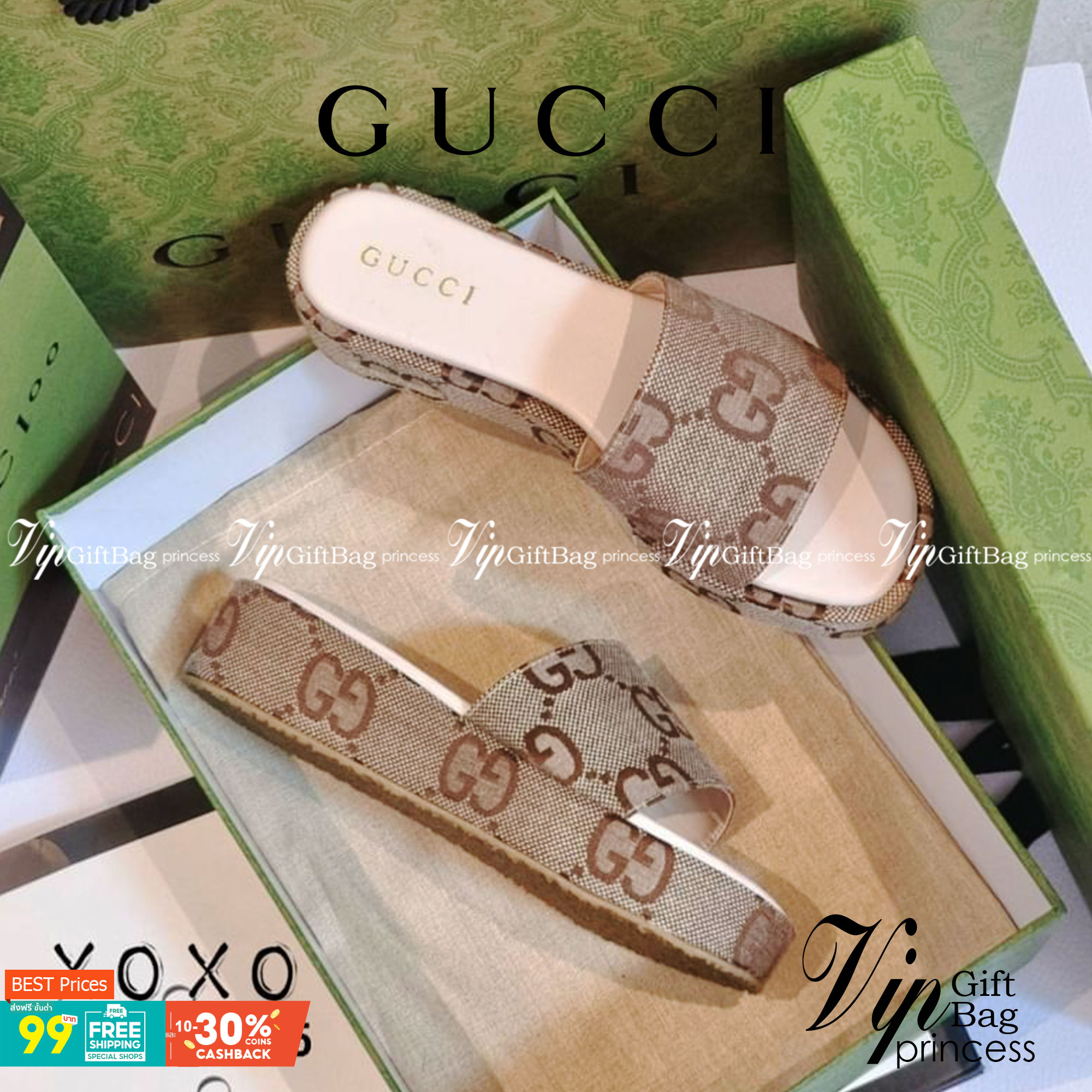 Gucci Sandals แตะสวม ส้นเสมอ ใส่สบายมาก น้ำหนักเบา หนังลายแบรนด์ แมทส์ชุดง่าย สวย หรู