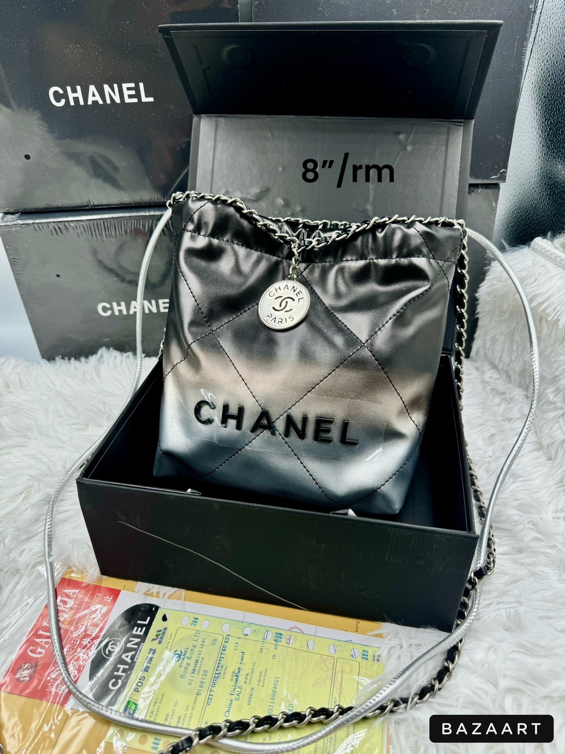 CHANEL 22 Mini Handbag Patent Gradient & Lacquered Metal White / SS22 Logo CC shopping tote กระเป๋าทรงโท้ทไล่สี รุ่นใหม่ มีเสน่ห์ดูดี ดูแพงที่สุด เกรดไฮเอน 1:1