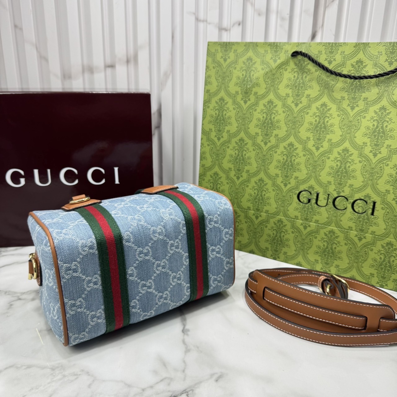 ORI หนังแท้ | Gucci Mini GG handbag denim กระเป๋าสะพายทรงหมอนไซส์มินิ คอลใหม่ดีไซน์เดนิมสวยมาก ตีความรูปทรงกระเป๋าบอสตันโฉมใหม่