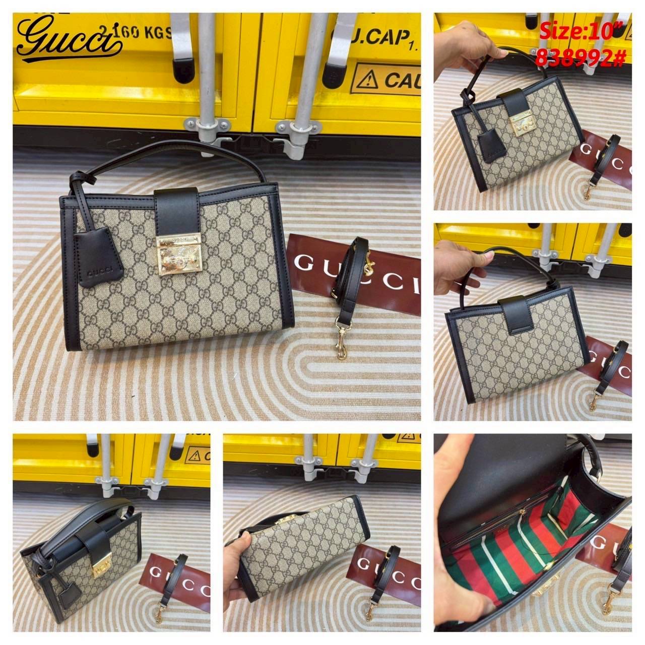 Gucci Padlock medium top handle bag กระเป๋าสะพายใบเล็กพร้อมหูจับ สวยผู้ดี ทรงตั้งใช้งานง่าย วัสดุหนังแคนวาส ปากกระเป๋ามีแถบหนังคาดและอะไหล่กดล็อค