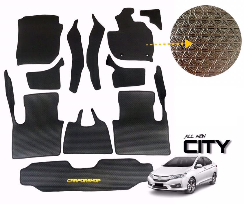 พรมปูพื้นรถยนต์ HONDA CITY 2014-2019 ลายสนุ๊กสีดำ+แผ่นกันสึก เข้ารูป(พื้นหลังเรียบ+ตีนตุ๊กแก)
