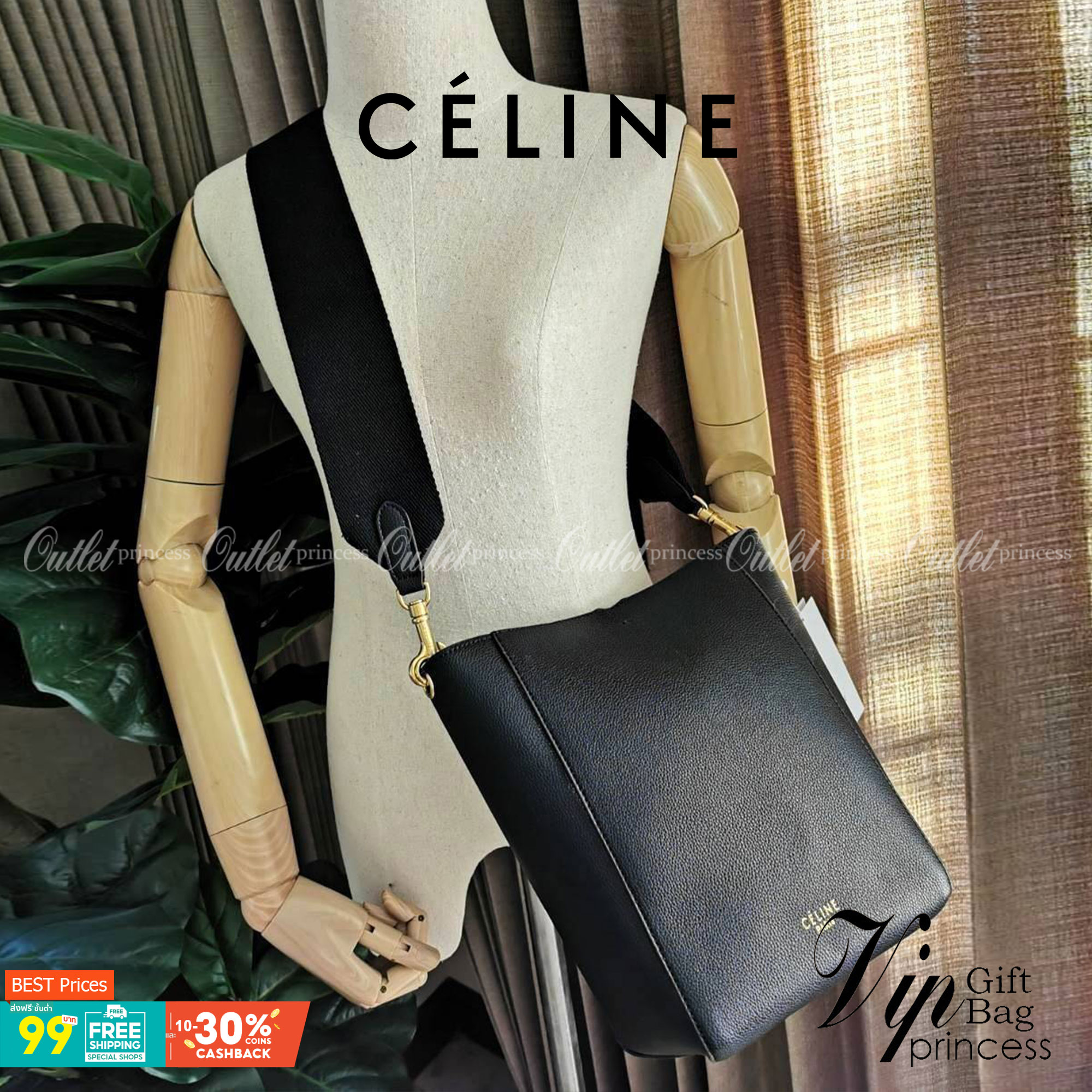 CELINE TRIOMPHE BUCKET BAG VIP GIFT WITH PURCHASE (GWP) พรีเมี่ยมกิ๊ฟ Limited Edition จาก CELINE PERFUME DUTY FREE COUNTER วัสดุหนังแท้ CALFSKIN ดีไซน์ทรง Bucket ขนาดกำลังดี มาพร้อมใบเล็กด้านในแยกใช้ได้ น้ำหนักเบา ภายในกว้างใส่ของใช้ได้เยอะพร้อมสายสะพายให