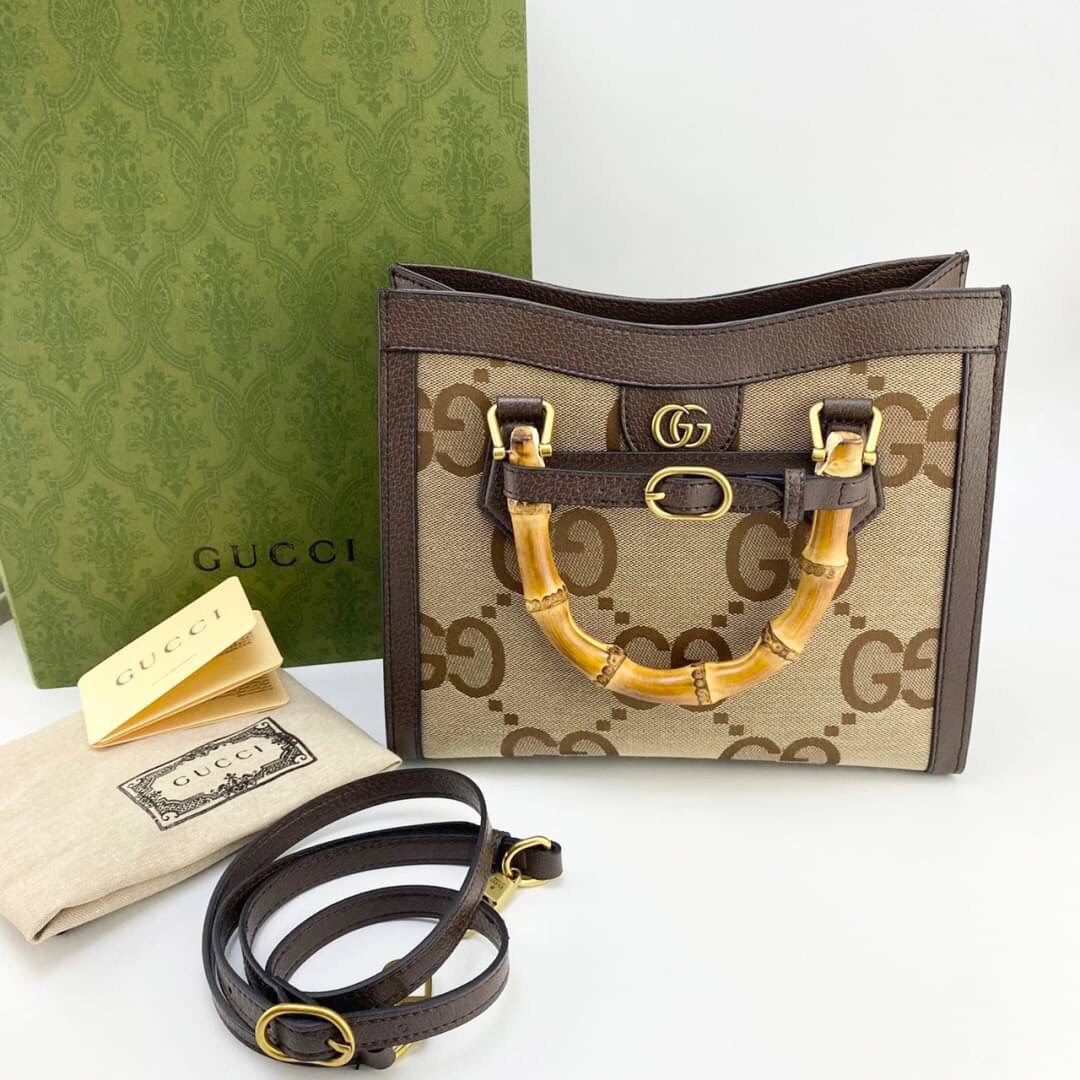 หนังแท้ Gucci Diana jumbo GG tote bag (mini/small) พร้อมส่งที่ไทย Brown Camel and ebony jumbo GG canvas ภาพถ่ายจากสินค้าจริง