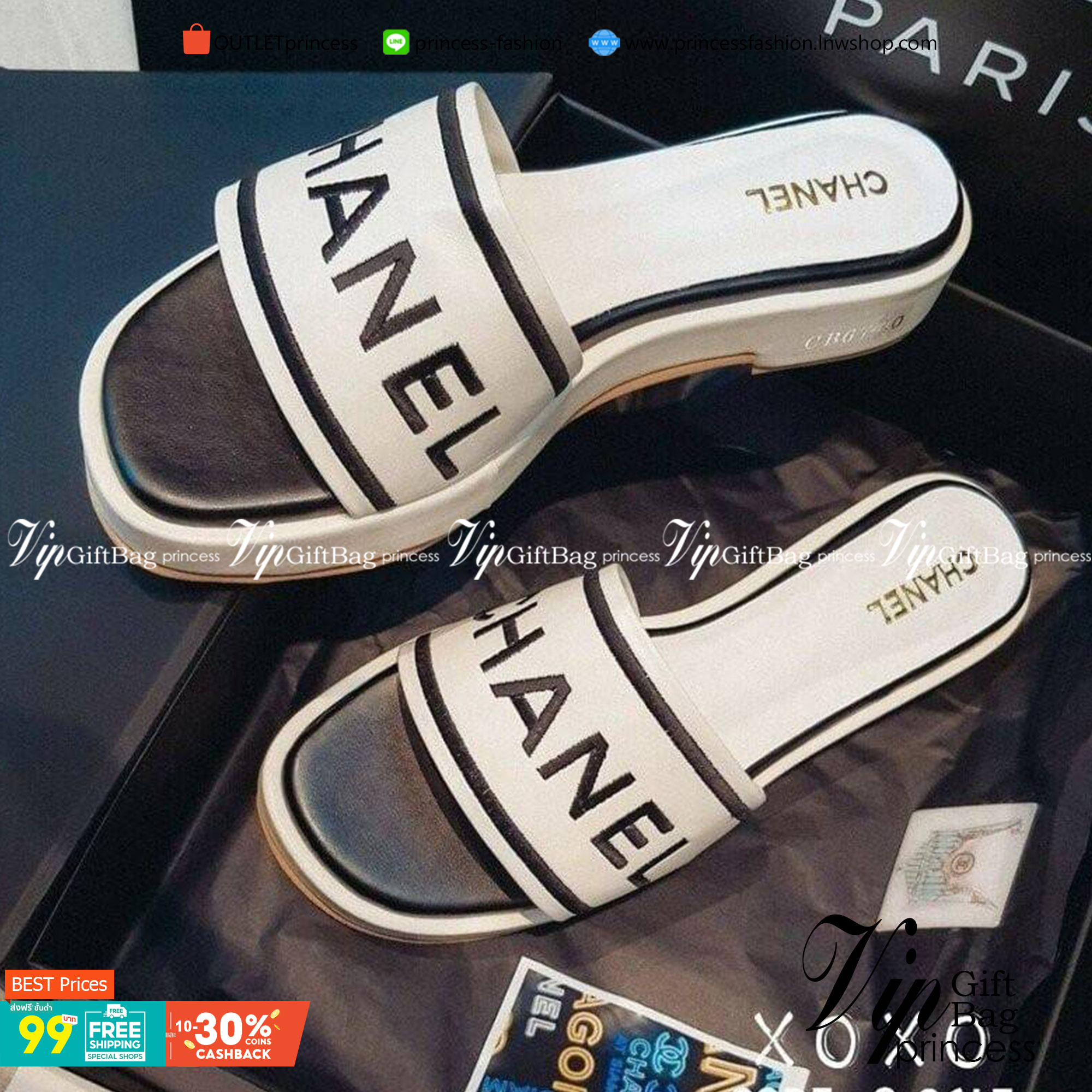 CHANEL SANDELS งานสวม ส้น PU หน้ากว้าง ใส่สบาย ไม่เขย่ง ด้านหน้าคาดงานปักแบรนด์ สวยหรู งานชนช้อปนะจร้า แมทส์ชุดง่าย น้ำหนักเบา