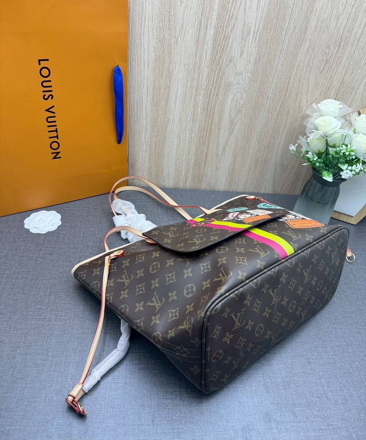ORI หนังแท้ | LV Neverfull MM Mon Monogram Meridian / LV Tote Bag กระเป๋าสะพายทรงโท้ทใบใหญ่ ลายทางคาดหน้าสไตน์ท่องเที่ยว
