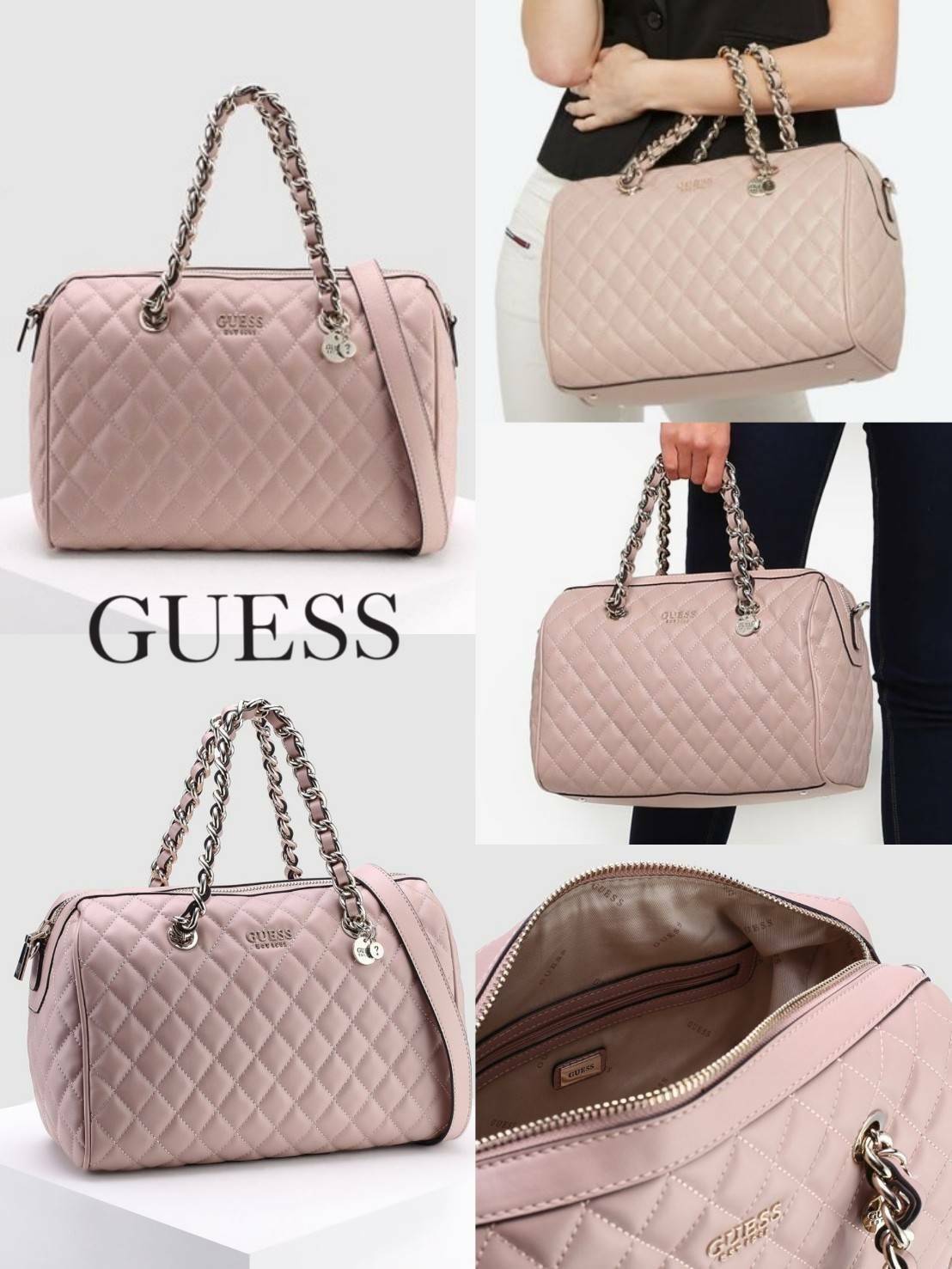 GUESS WOMEN’S BOWLING BAG กระเป๋าสะพายทรง Bowling รุ่นใหม่ล่าสุดจาก GUESS FACTORY หนังนิ่มลายตารางสวยอยู่ทรงใบใหญ่กำลังดี ด้านหน้าประดับโลโก้หูหิ้วโซ่ร้อยหนังสะพายไหล่ได้เเข็งแรงรับน้ำหนักได้เยอะ เปิดปิดด้วยซิปสะดวกใช้ มีหมุดรองฐานกันรอย ภายในมีช่องซิปและ