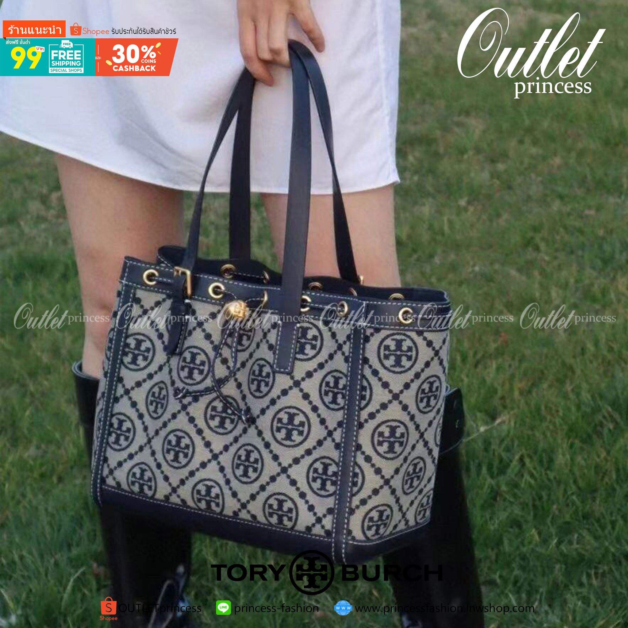 OUTLET Tory Burch T- Monogram Jacquard Small Tote กระเป๋าถือหรือสะพายไหล่ วัสดุ Canvas ปักษ์ลายแบรนด์ อะไหล่ทองสวยหรู น้ำหนักเบา