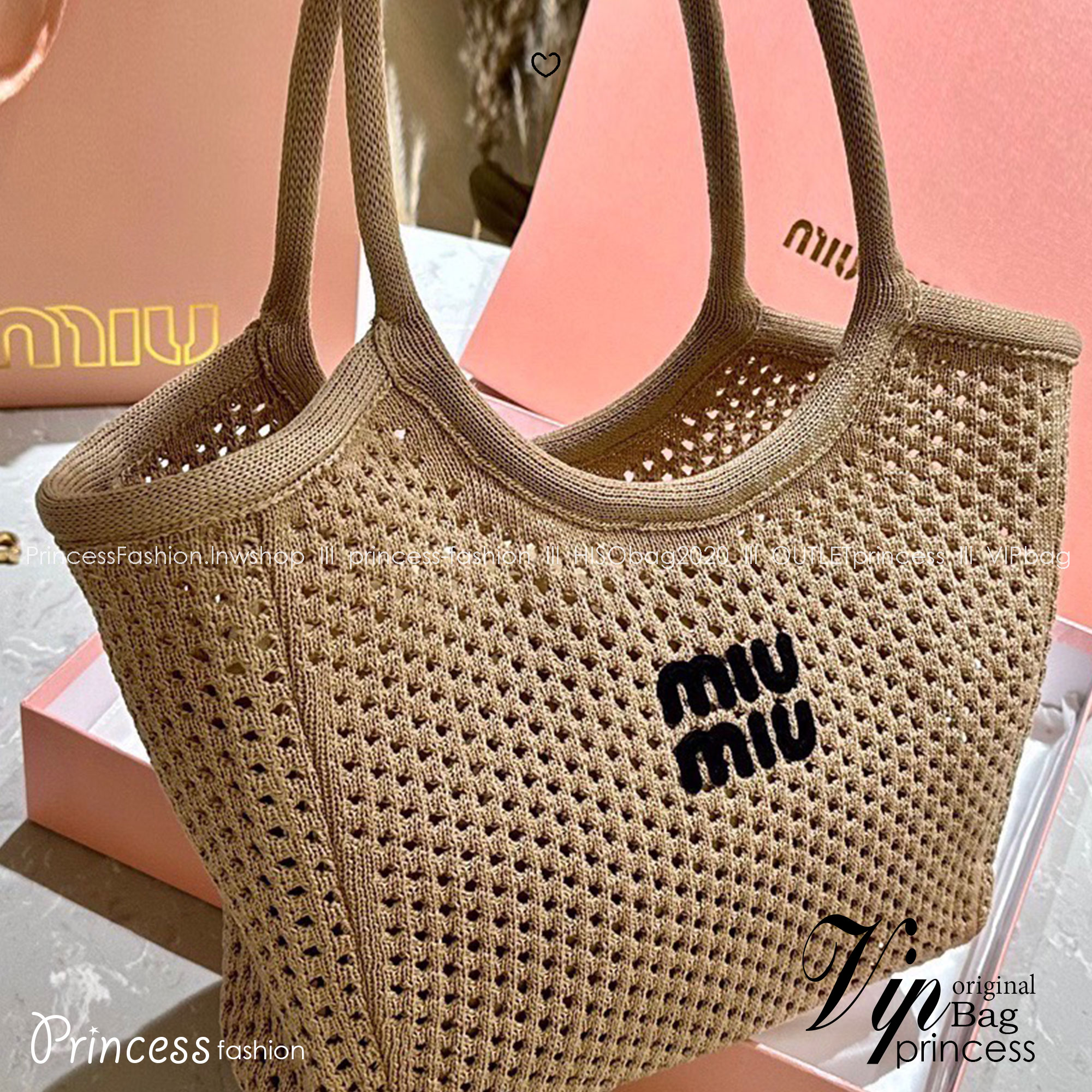 Miu Miu IVY Woven Fabric Tote Bag / Miu Miu Tote Bag กระเป๋าทรงโท้ท งานผ้าถักทอเป็นตาข่าย น้ำหนักเบา