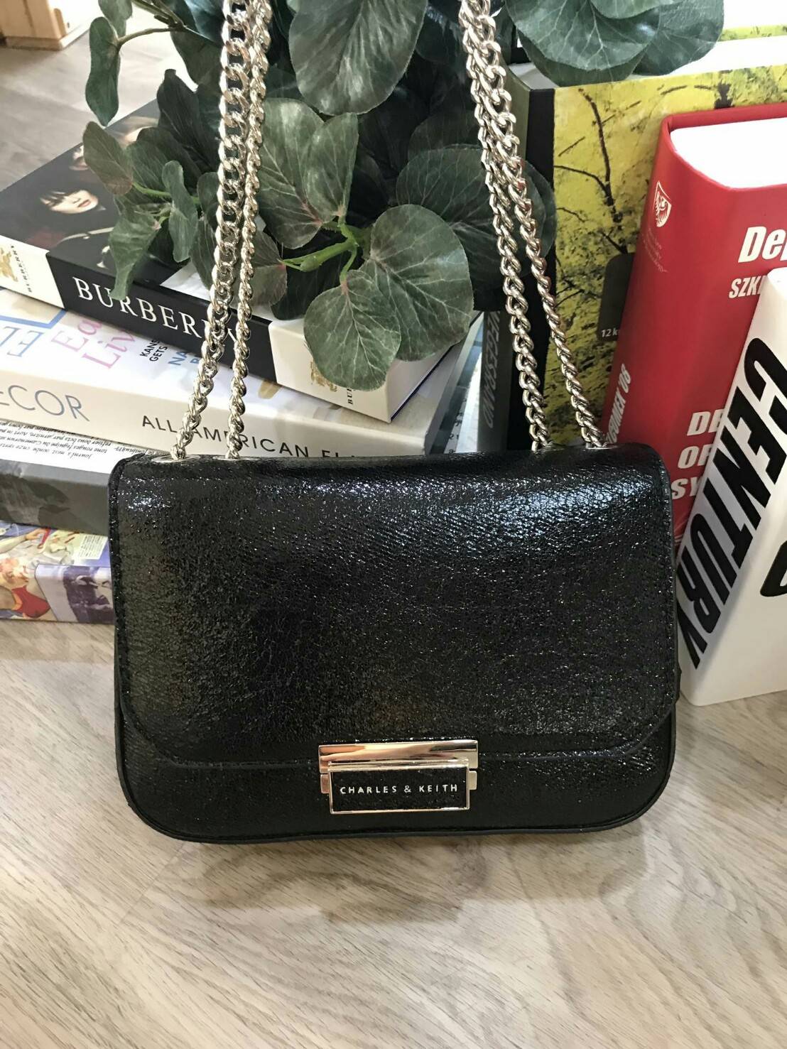 CHARLES & KEITH PUSH-LOCK CHAIN SLING BAG 2018 กระเป๋าสะพายวัสดุหนังคาเวียร์สวยอยู่ทรง ขนาดมินิกำลังดี น้ำหนักเบา เปิดปิดด้วยฝาปิดตัวล็อคปั๊มโลโก้ด้านหน้า ภายใน มีช่องซิป และช่องใส่บัตร มาพร้อมสายสะพายโซ่ยาวสามารถซ้อนสายสั้นสะพายไหล่ หรือสายยาว Crossbodyไ