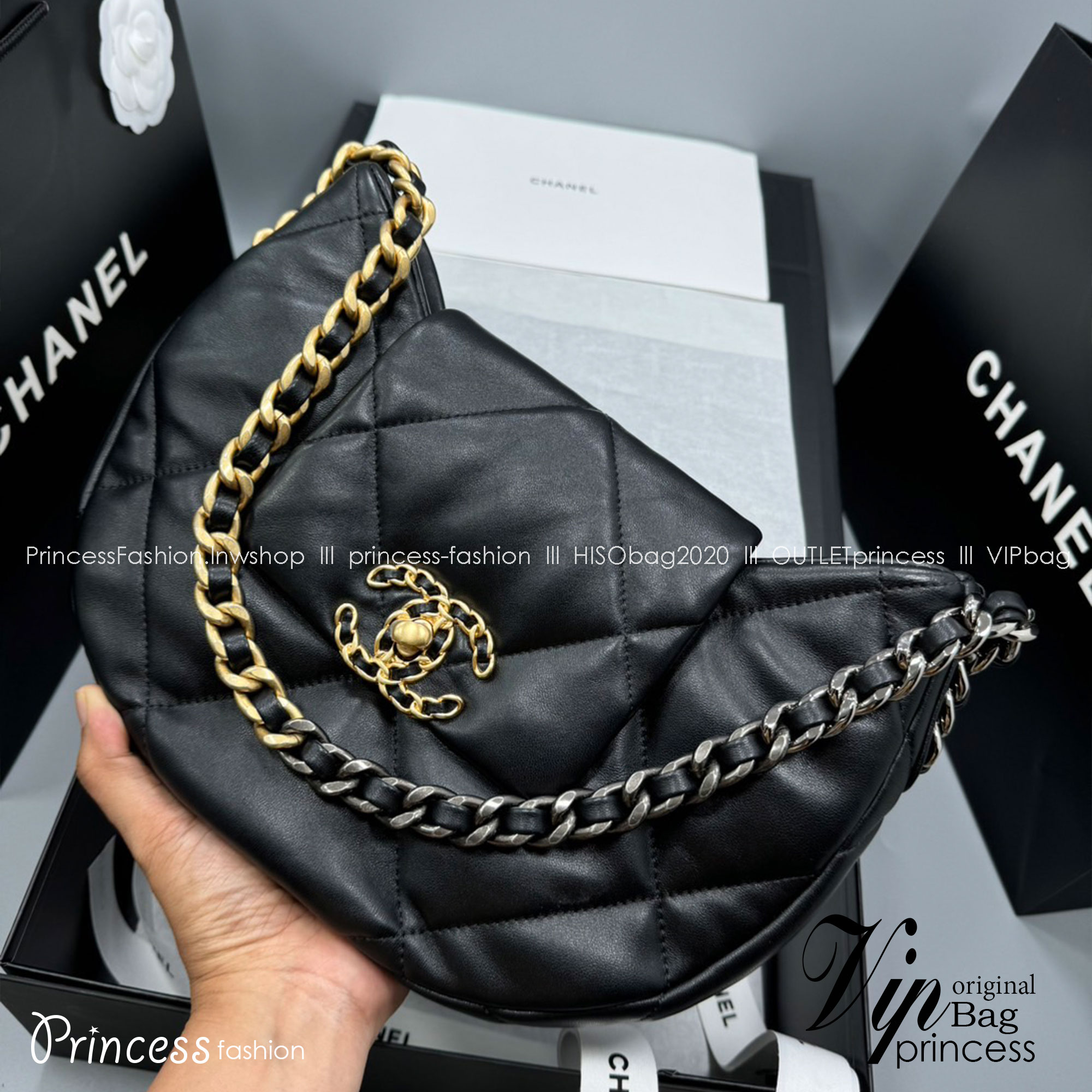 CHANEL 19 Hobo Bag Black Mixed Metal Hardware กระเป๋าสะพายหนังแท้ เกรดออริ ท็อป สลับแท้ 1:1 ผ่านทุก ตม ใช้งานต่างประเทศได้