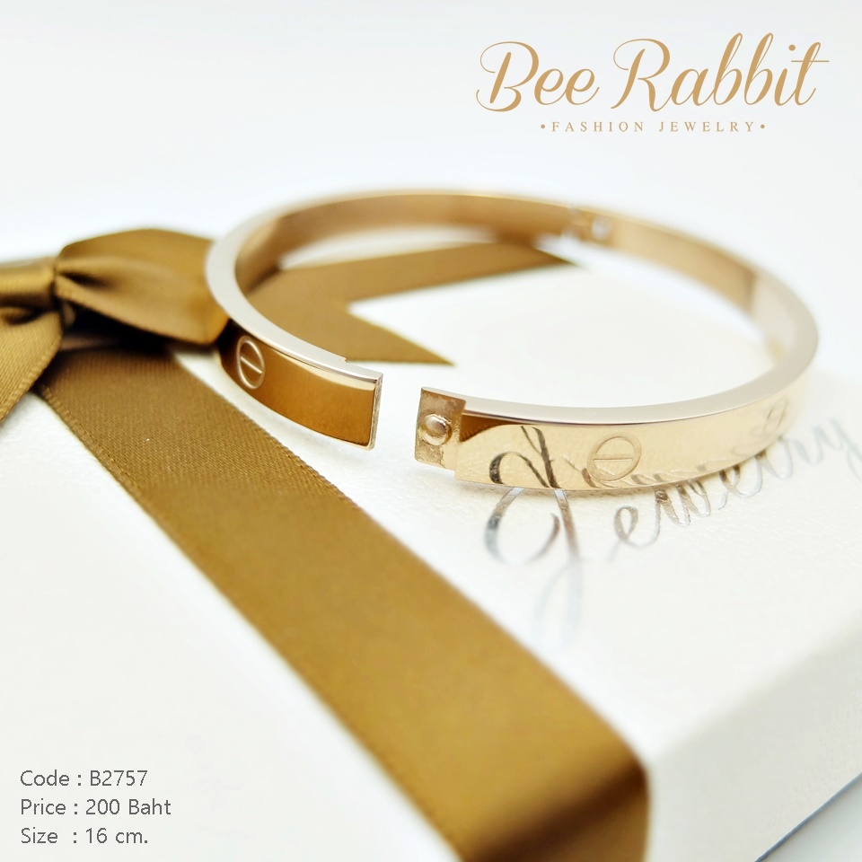 กำไลข้อมือสแตนเลสแท้ สีพิงค์โกลด์ ทรงวงรี สลักลาย