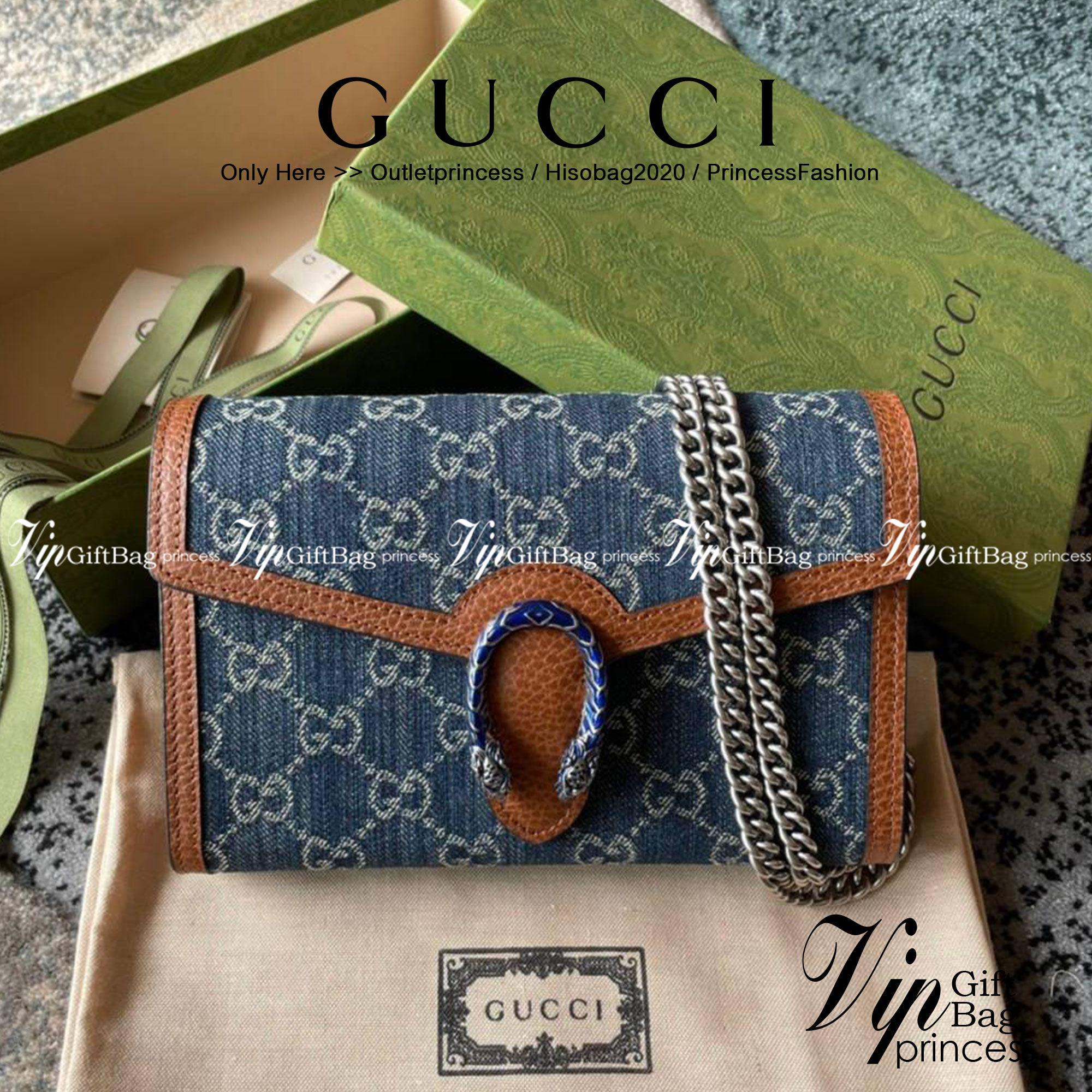 หนังแท้ Gucci Dionysus Mini Chain Bag In GG Jacquard Denim / Gucci Denim Dionysus / Gucci Dionysus Woc พร้อมส่งที่ไทย เกรดเทพออริจินอล กระเป๋าสะพายข้างเดนิมสลับหนังแท้เกรดดีที่สุด เกรดหนังดีที่สุดยิ่งใช้หนังยิ่งสวย โทนสีน่าใช้มากก มาในดีไซน์คลาสสิคเรียบหร