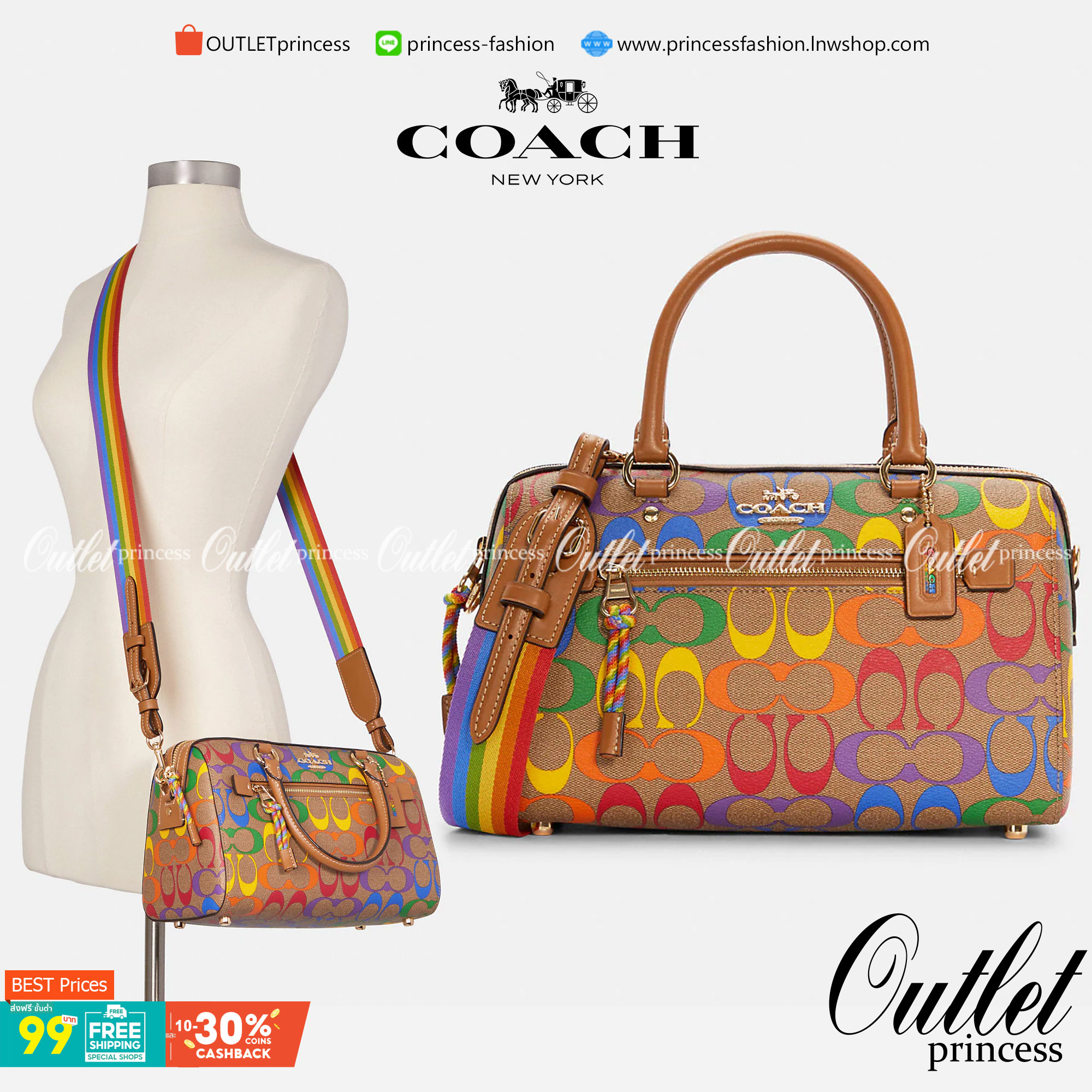 COACH C4396 ROWAN SATCHEL IN RAINBOW SIGNATURE CANVAS กระเป๋าทรงหมอนยอดฮิต คอลเลคชั่นที่สวยโดดเด่น ด้วยดีไซน์เรนโบว์ สดใส!! รูปทรงสวยงาม คลาสสิค และใช้งานได้อย่างกระฉับกระเฉง วัสดุหนังแคนวาสเคลือบลาย ทนทาน ภายในโล่งกว้าง มีช่องซิปและแบ่งสัดส่วนได้ลงตัว บอ