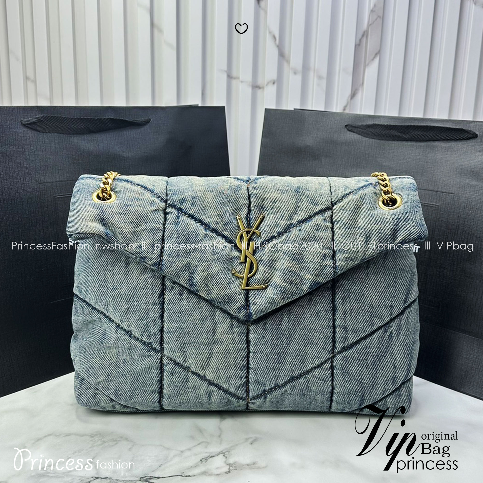 YSL PUFFER MEDIUM in suede and denim / YSL Loulou Denim Shoulder bag กระเป๋าสะพายเดนิมเย็บลายเชฟรอนควิลท์