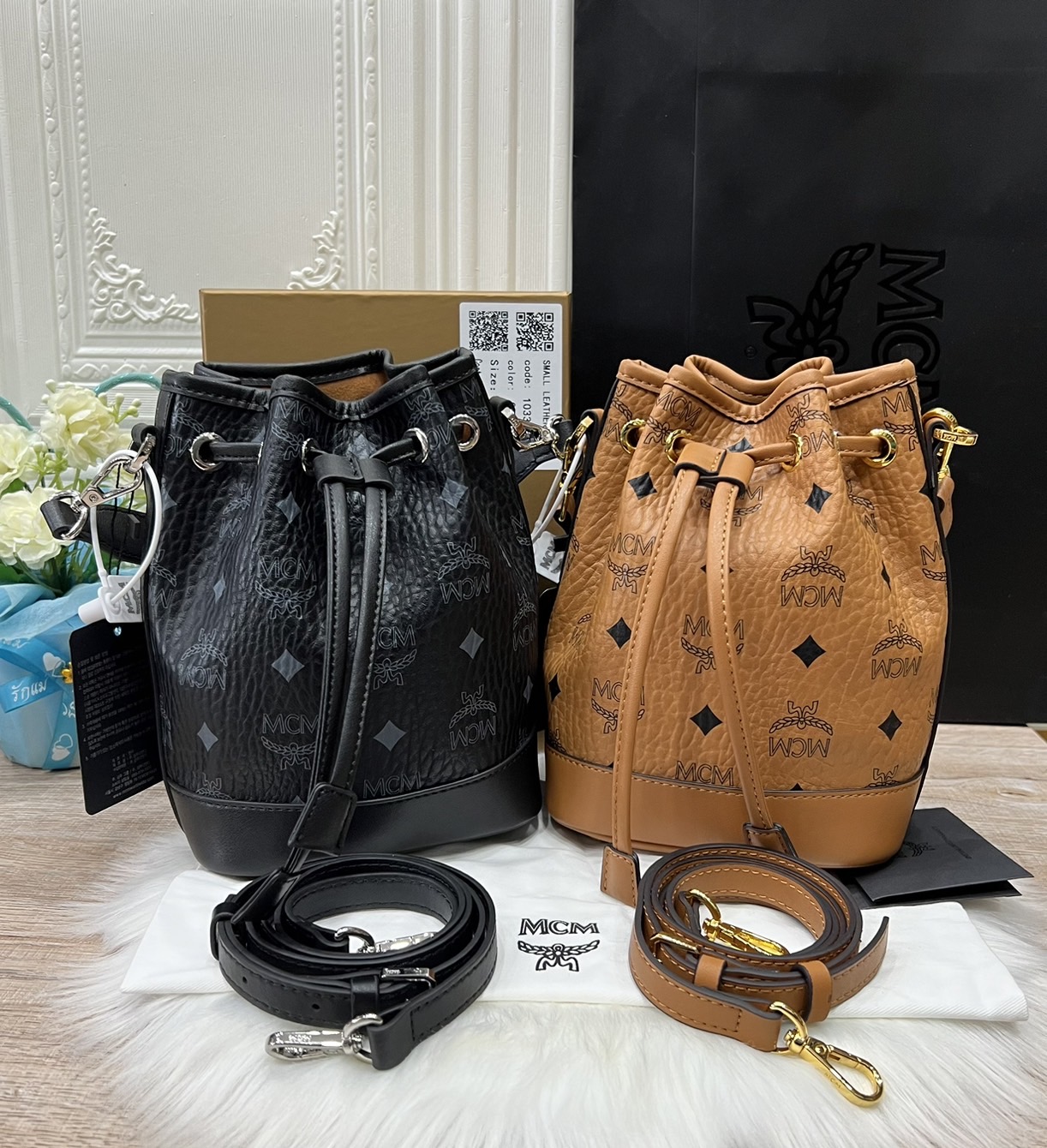 M.C.M MINI DESSAU DRAWSTRING BAG IN VISETOS กระเป๋าสะพายทรง bucket ไซส์ mini เกรดออริ สลับแท้ 1:1 ใช้งานต่างประเทศได้
