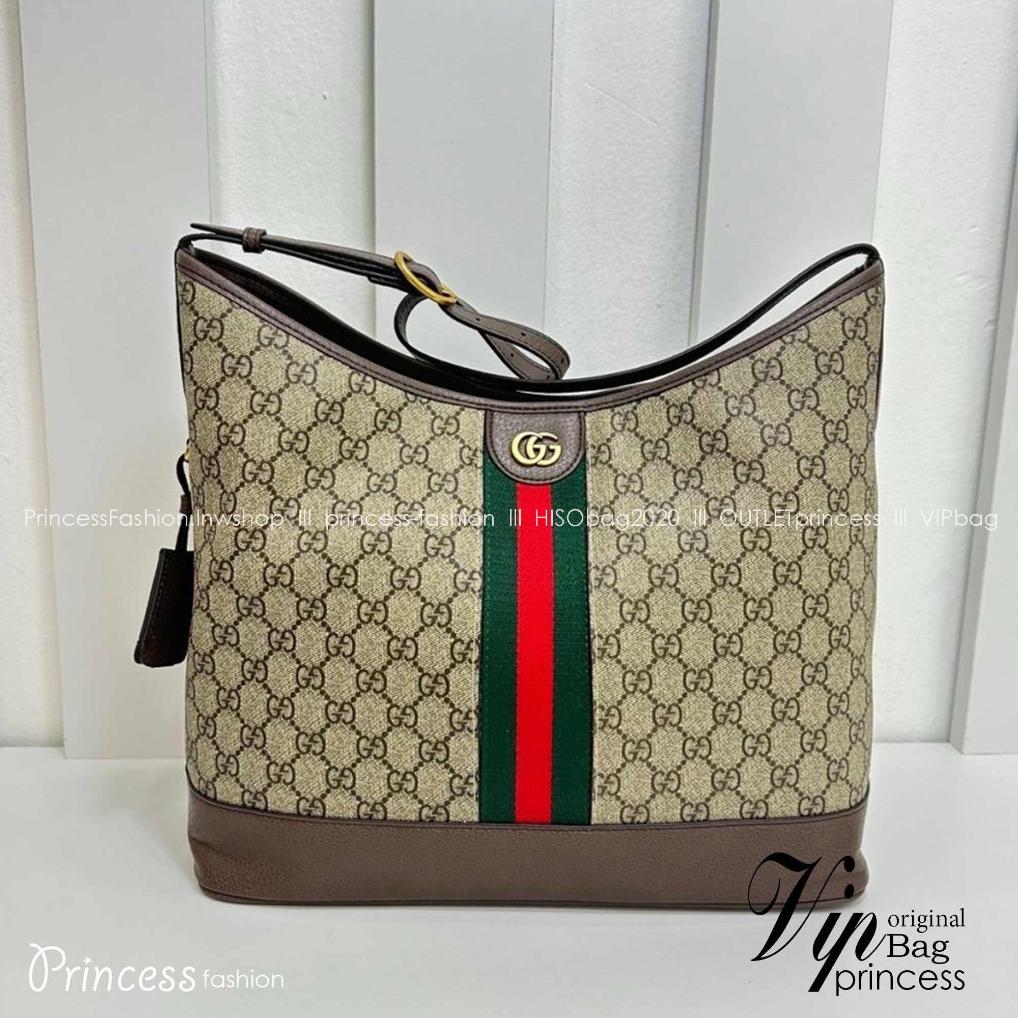 13" GUCCI OPHIDIA GG MEDIUM SHOULDER BAG Beige and ebony GG Supreme canvas Brown leather trim กระเป๋าสะพายไหล่ อะไหล่ทองหรูหรา