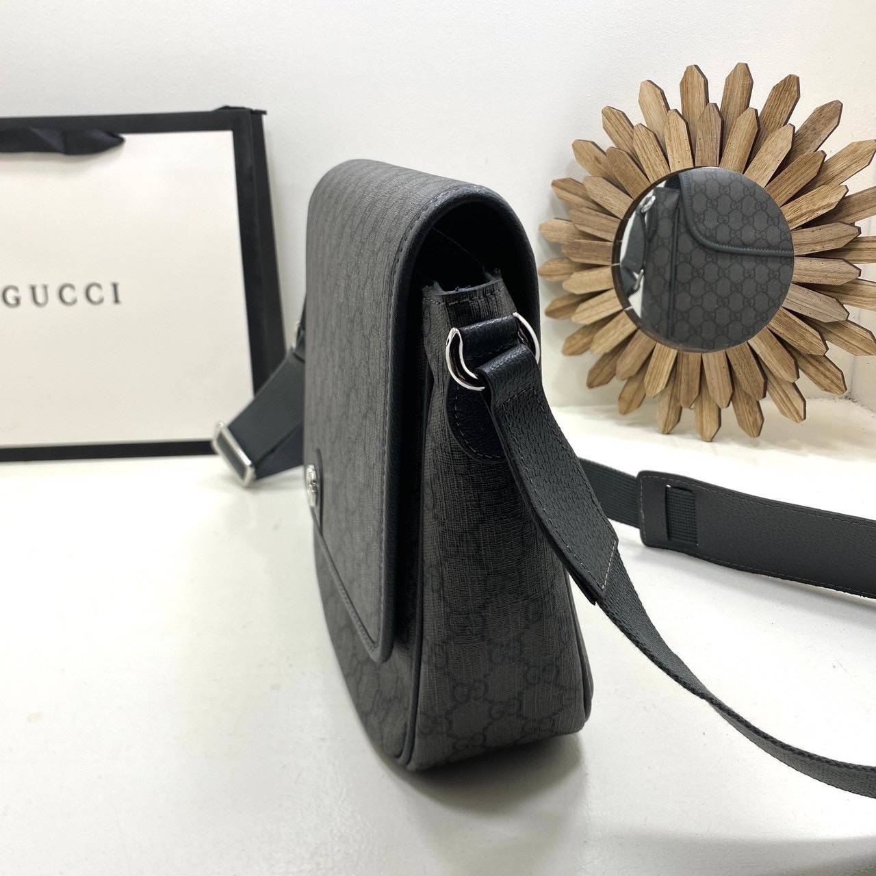 ORI หนังแท้ | GUCCI Ophidia medium messenger bag Gray กระเป๋าสะพายทรงแมสเซ็นเจอร์ Canvas GG Supreme เนื้อผ้าที่เหมาะสำหรับไลน์แอคเซสเซอรี่สำหรับผู้ชาย