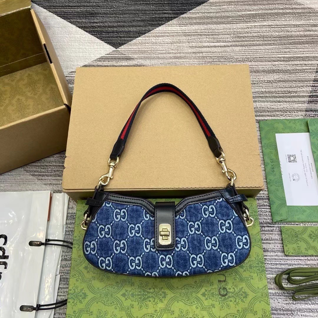 GUCCI MOON SIDE MINI SHOULDER BAG Blue GG denim กระเป๋าสะพายไหล่เดนิม เกรดออริ ท็อป สลับแท้ 1:1 เกรดดีสุด ใช้งานต่างประเทศได้