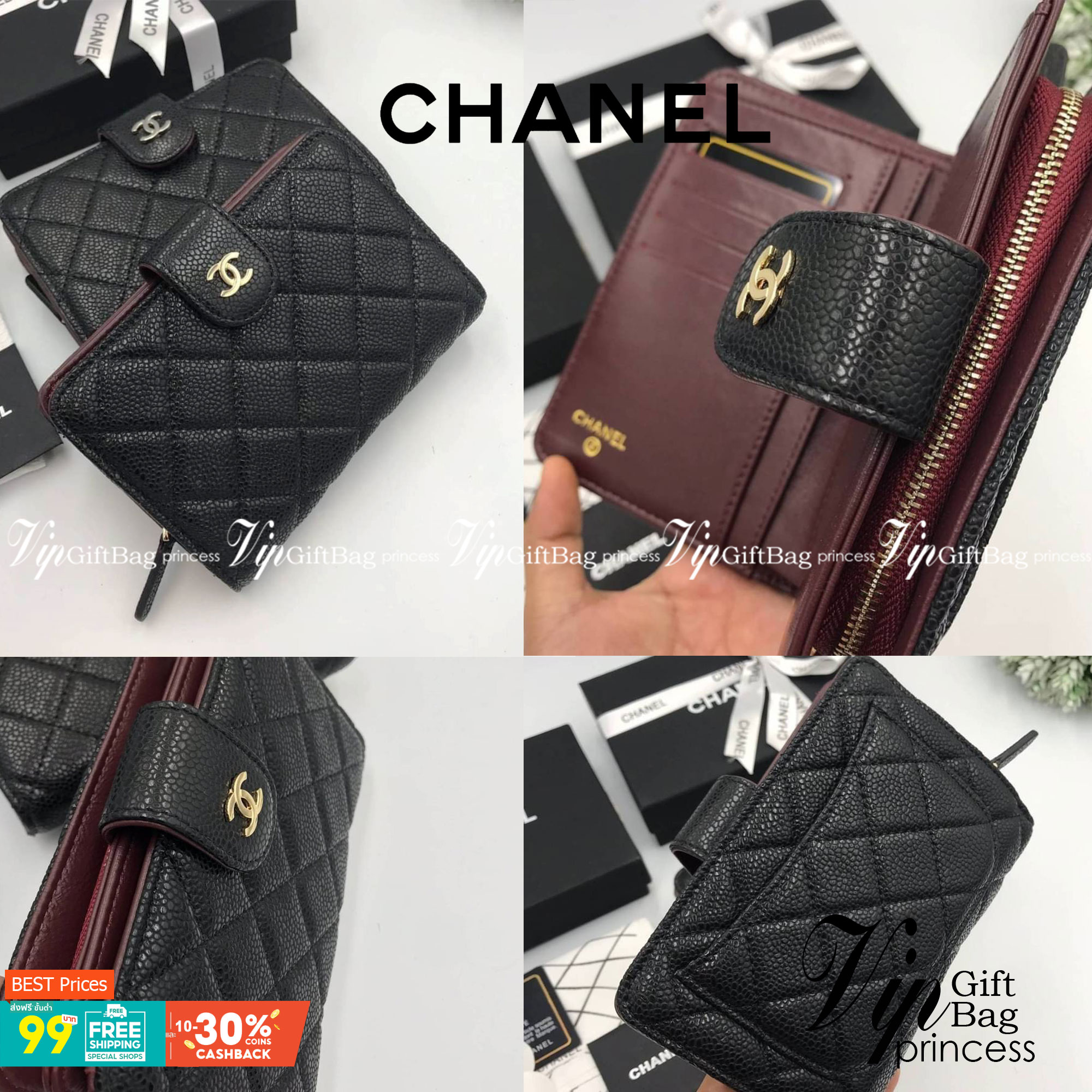หนังแท้ CHANEL ZIP WALLET รุ่นยอดนิยมไอเท็มฮิตวัสดุหนังคาเวียร์สวยคลาสสิคเปิดปิดด้วยฝาปิดกระดุมด้านหน้ามีโลโก้แบรนด์อะไหล่ทอง/เงินสวยหรู ภายในสีแดงเบอกันดี้ มีช่องซิปใส่เหรียญ เรียกว่าใบเดียวจบ เป็นใบยอดนิยมของสาวๆ เลยค่าา พร้อมส่งที่ไทยไม่ต้องรอพรีฯ สาวก