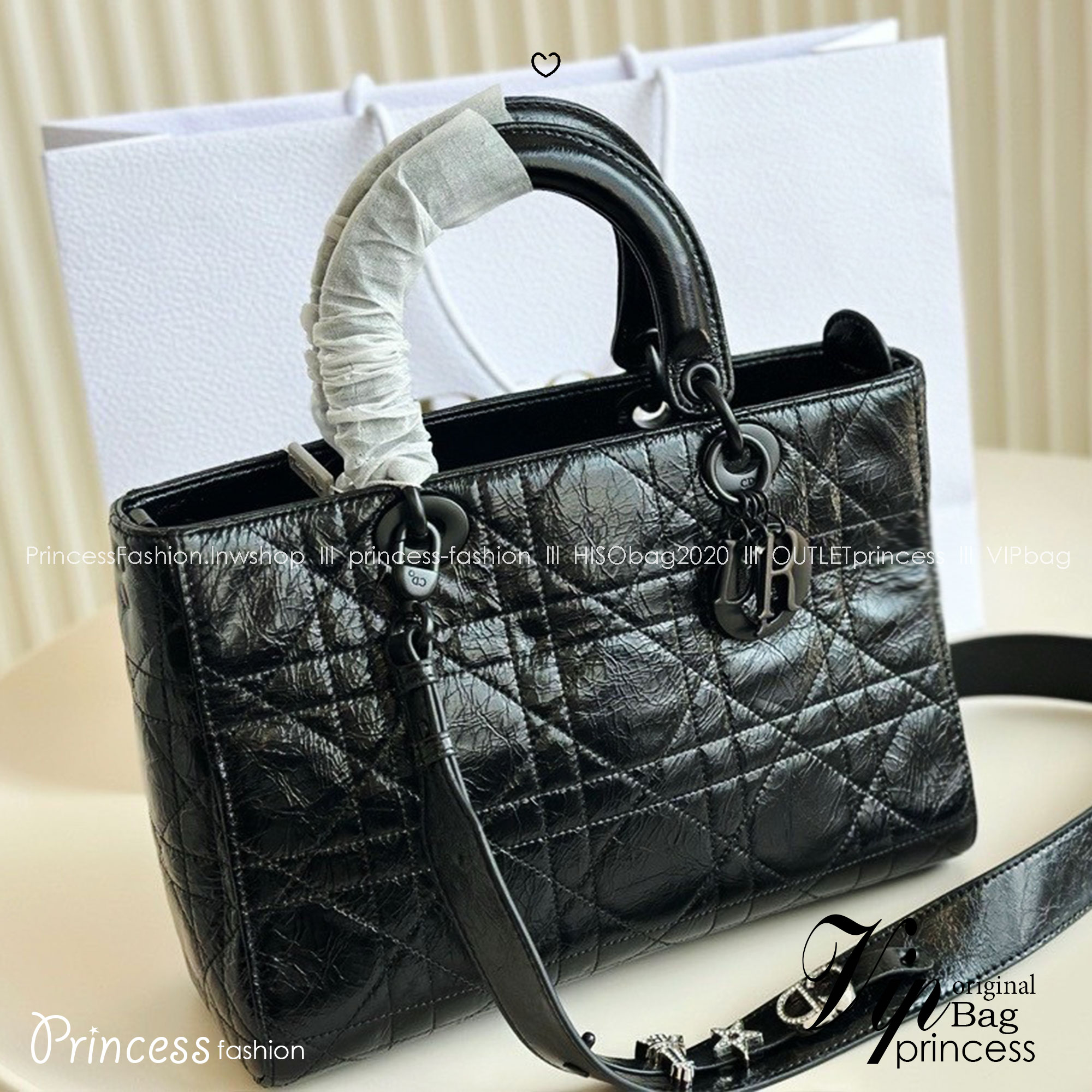 DIOR Lady D-Sire My ABCDior Bag Macrocannage Crinkled Leather กระเป๋าสะพายซีซันใหม่ ดีไซส์หนังย่น โทนดำทั้งใบสวยหรูคลาสสิก เกรดออริ 1:1 ใช้งานต่างประเทศได้