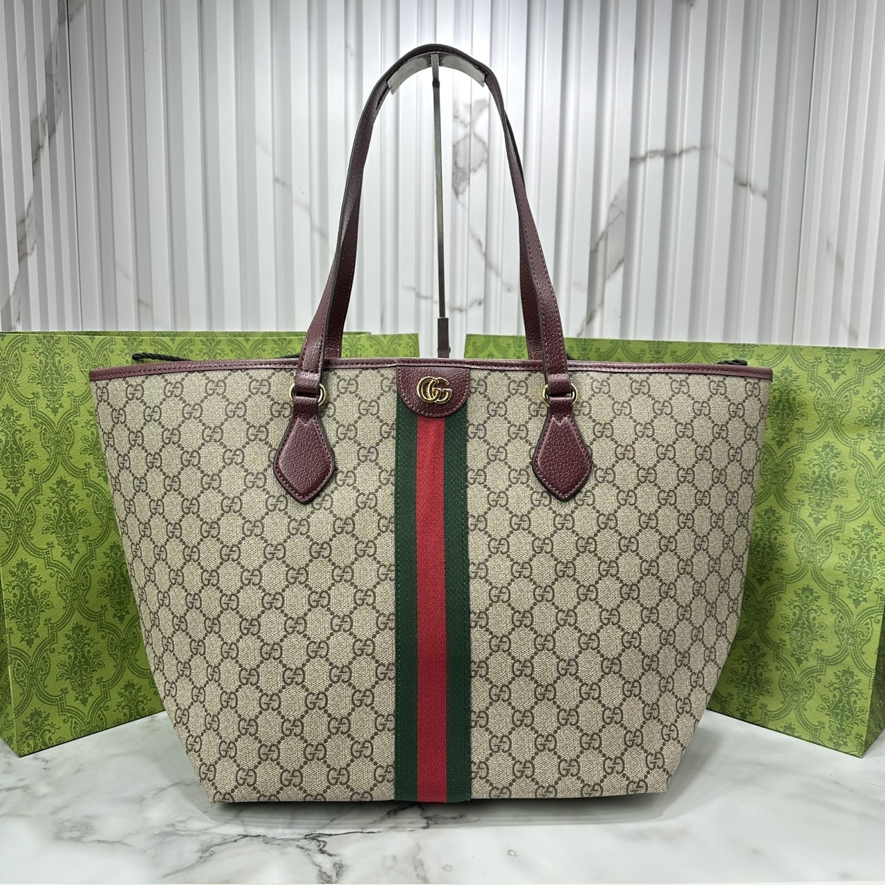 ORI หนังแท้ | Gucci Ophidia medium tote bag GG Monogram Double G / Gucci Tote Bag กระเป๋าสะพายทรงโท้ทใบใหญ่ ภายในโล่งกว้างจุของได้เยอะ