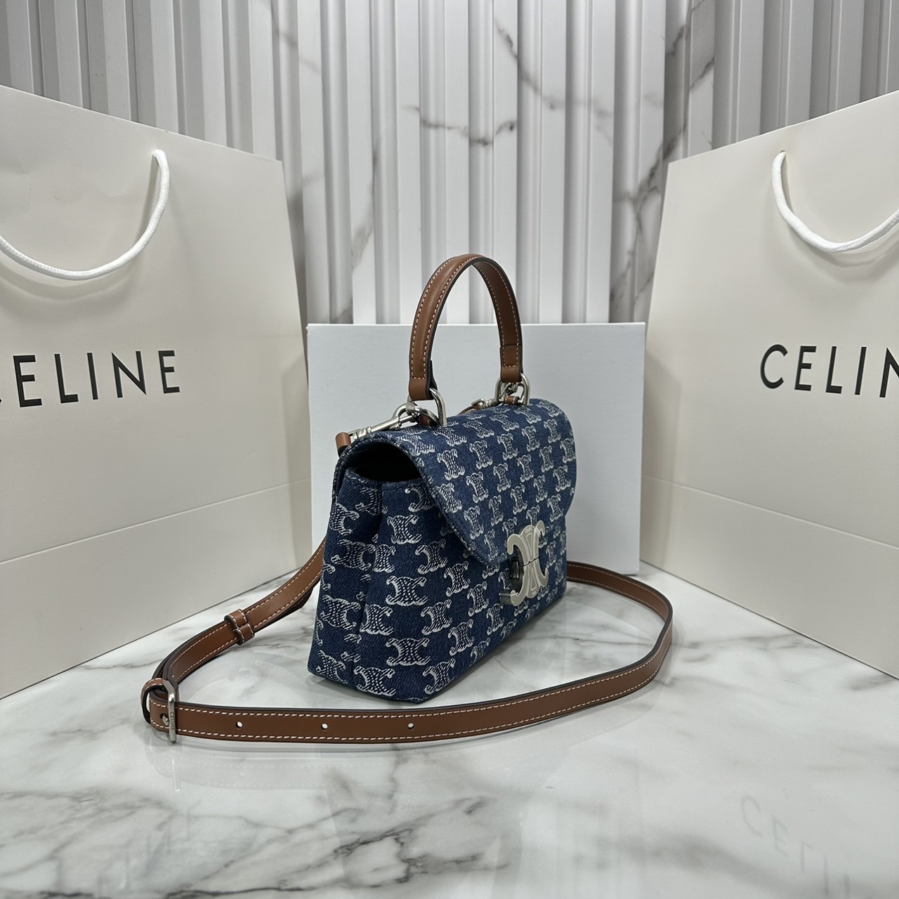 CELINE HANDBAG CLAUDE in DENIM WITH TRIOMPHE ALL-OVER กระเป๋าถือพร้อมสายสะพายงานเดนิม เกรดออริ 1:1 ใช้งานต่างประเทศได้