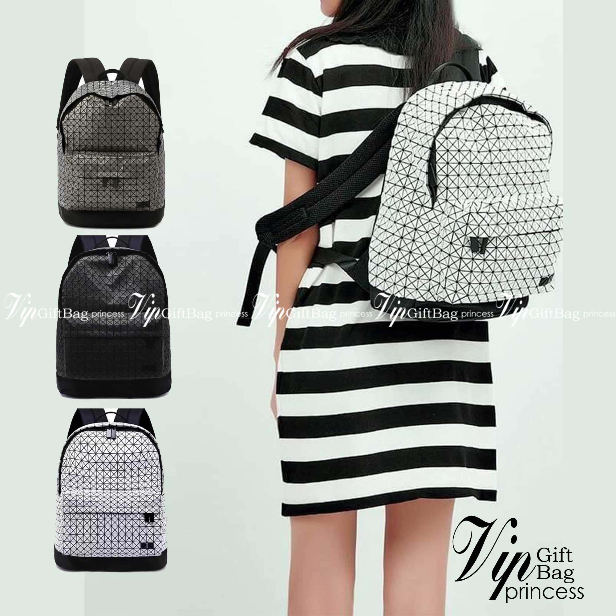 Bao Bao Issey Miyake Daypack geometric backpack กระเป๋าเป้ทรงคลาสสิก รองรับน้ำหนักได้ดี เหมาะกับการเดินทาง เป้สะพายหลังรุ่น Daypack One-Tone Backpack มาในรูปทรงกระเป๋าเป้สุดคลาสสิก โดดเด่นด้วยการออกแบบที่เป็นเอกลักษณ์ วัสดุสามเหลี่ยมขนาดเล็กพิเศษ ได้กลิ่น
