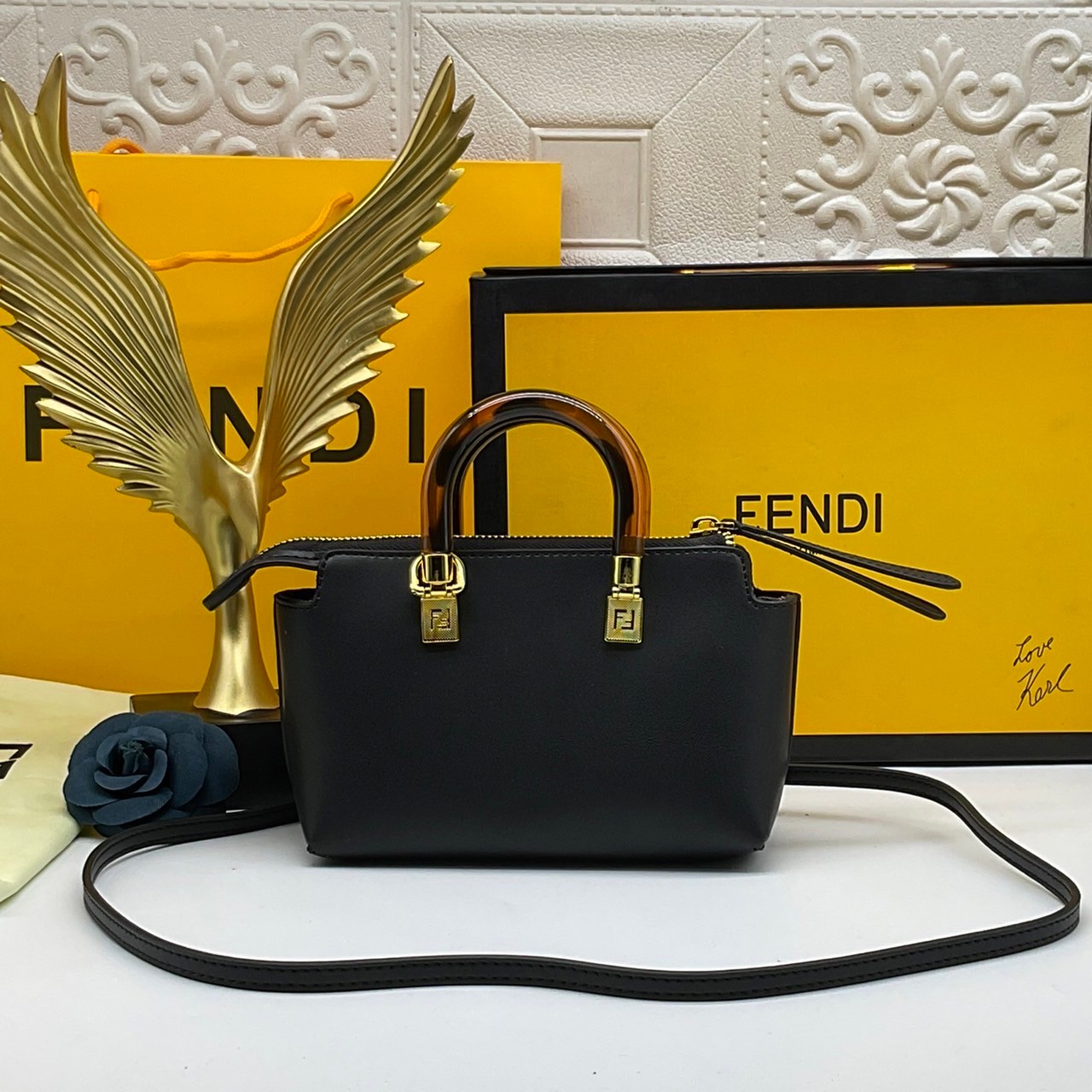 FENDI By The Way Mini Bag พร้อมส่งที่ไทย ภาพถ่ายจากงานขายจริง Iconic mini By The Way Boston bag made FENDI ROMA lettering and rigid tortoiseshell-effect plexiglass handles.