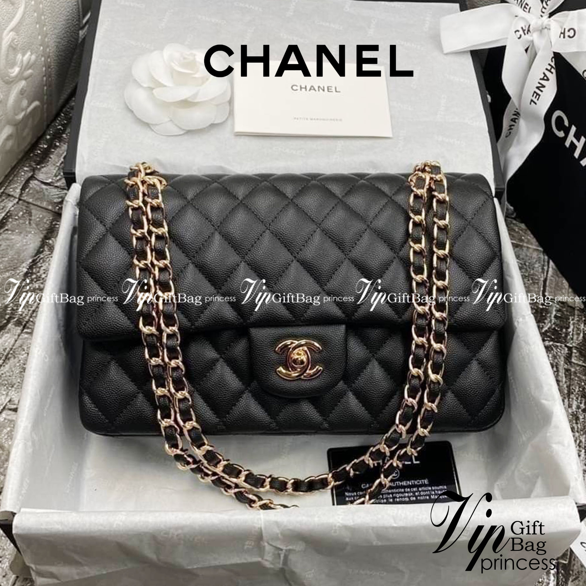 หนังแท้ CHANEL Classic Caviar 25cm กระเป๋าสะพายคลาสสิก หนังแกะและโลหะสีทอง ภาพสินค้าถ่ายจากงานขายจริง ใช้งานต่างประเทศได้