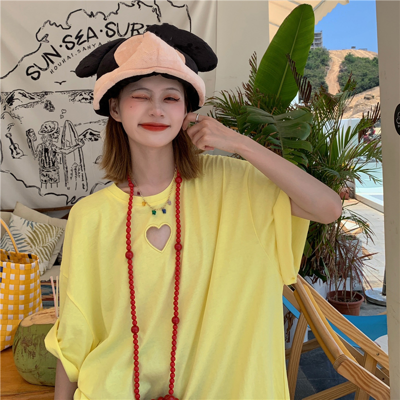 พร้อมส่ง 🍋 Kaye tops เสื้อยืดแขนสั้นทรงหลวมโอเวอร์ไซส์สีเหลืองเจาะหัวใจ (36989)