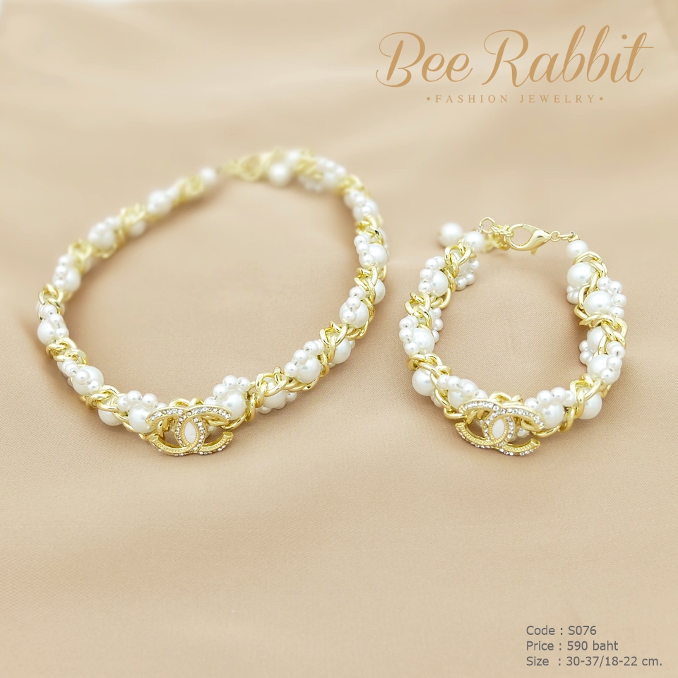 เซ็ทสร้อยข้อมือ + สร้อยคอโซ่ทองร้อยมุก จี้ cc ฝังเพชร