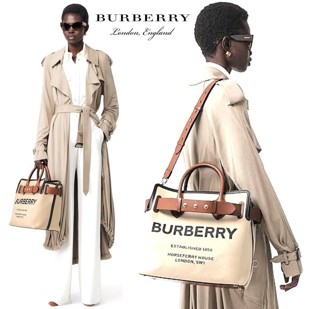 BURBERRY FRAGRANCES TOTE BAG อีกหนึ่งไอเท็มหายาก วัสดุ Canvas & Leather Calfskin ดีไซน์สวยมีเอกลักษณ์คาดด้วยสายหนังประดับกระดุมทองด้านหน้า หูจับหนังแท้จับถนัดมือ สายสะพายยาวหนังแท้ถอดได้ปรับระดับได้อะไหล่แบรนด์ ภายในโล่งกว้างมีช่องใส่ของใส่เอกสารA4 กระเป๋