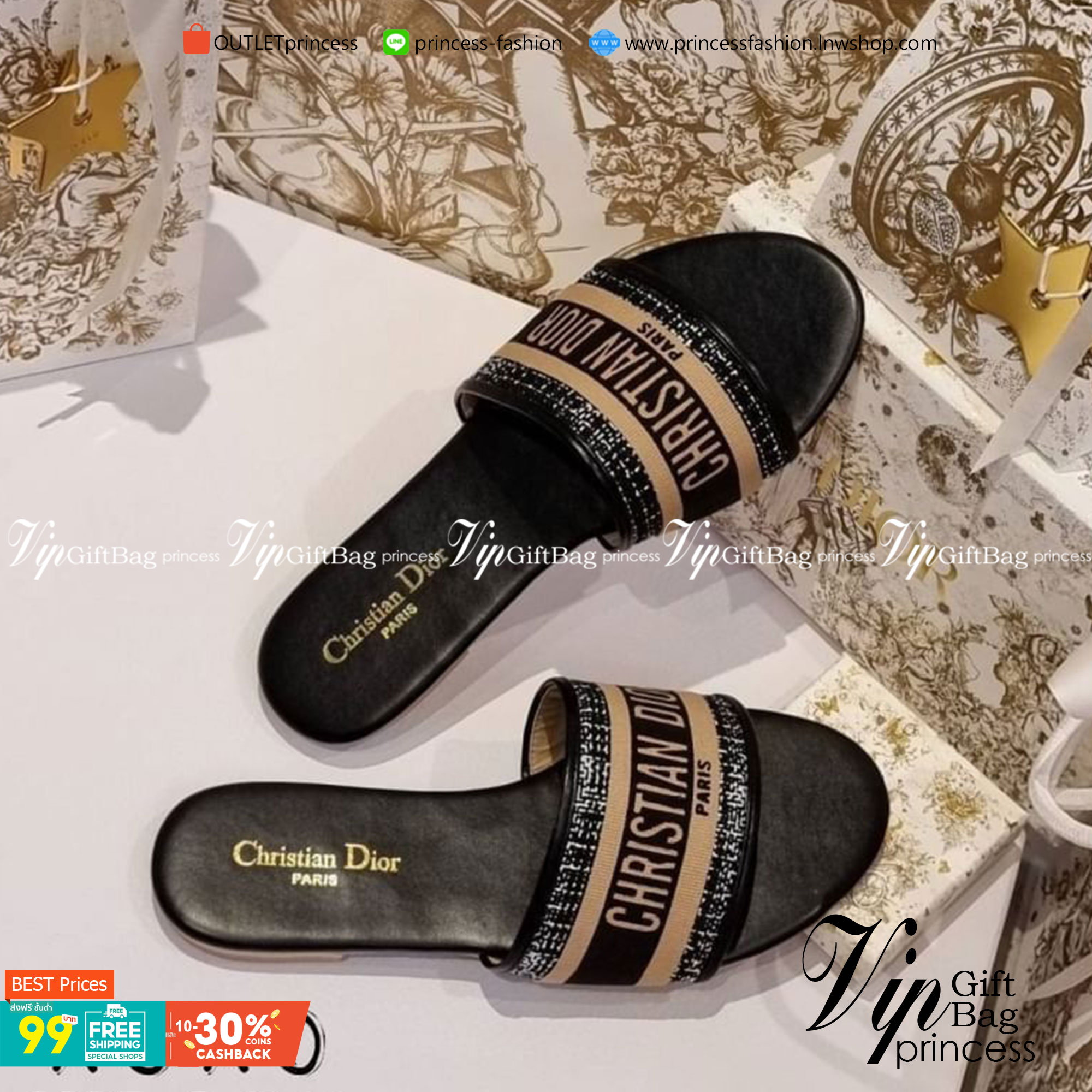 Christian Dior รองเท้า งานสวม วัสดุผ้าทวีส ด้านหน้า มีโลโก้แบรนด์ว่าง สวย เก๋ ชนช้อป แมทส์ชุดง่าย น้ำหนักเบา