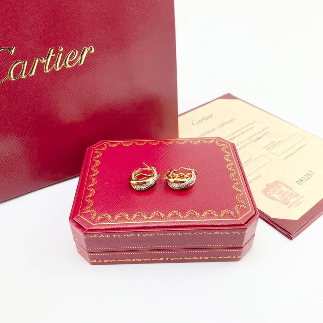 CARTIER EARRINGS ต่างหูคาเทียร์ มีเพชร ภาพถ่ายจากงานจริง วัสดุโลหะเคลือบขึ้นเงาตามรูป ใช้งานต่างประเทศได้
